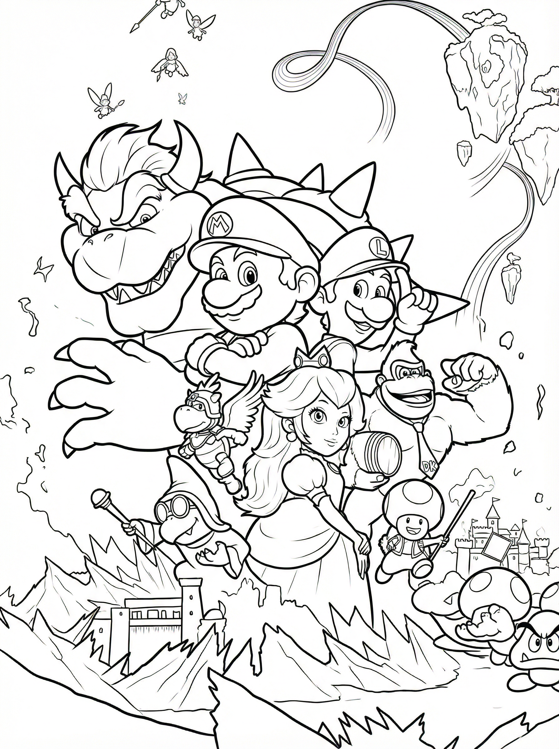 Black and white line drawing colouring page featuring Super Mario characters including Mario, Luigi, Princess Peach, Bowser, Donkey Kong, and Toad in an action scene with castle and landscape background