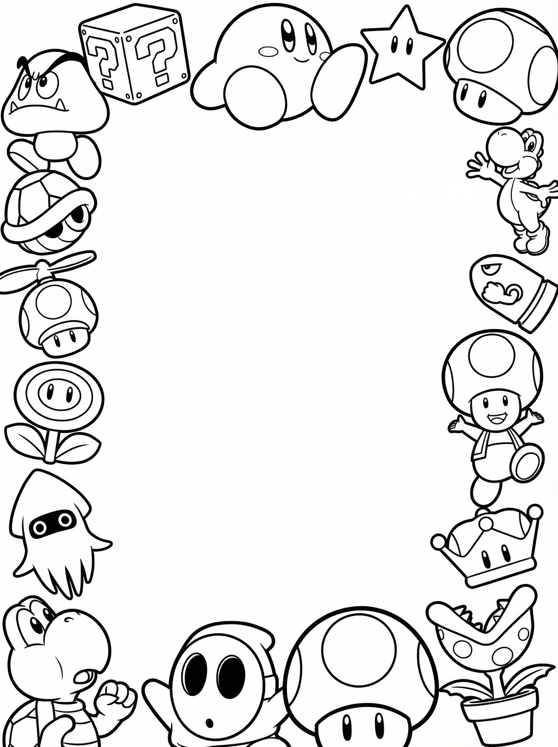 Black and white colouring page border featuring Super Mario characters including Goomba, Question Block, Kirby, Star, Toad, Yoshi, Koopa Shell, Fire Flower, Piranha Plant and Crown