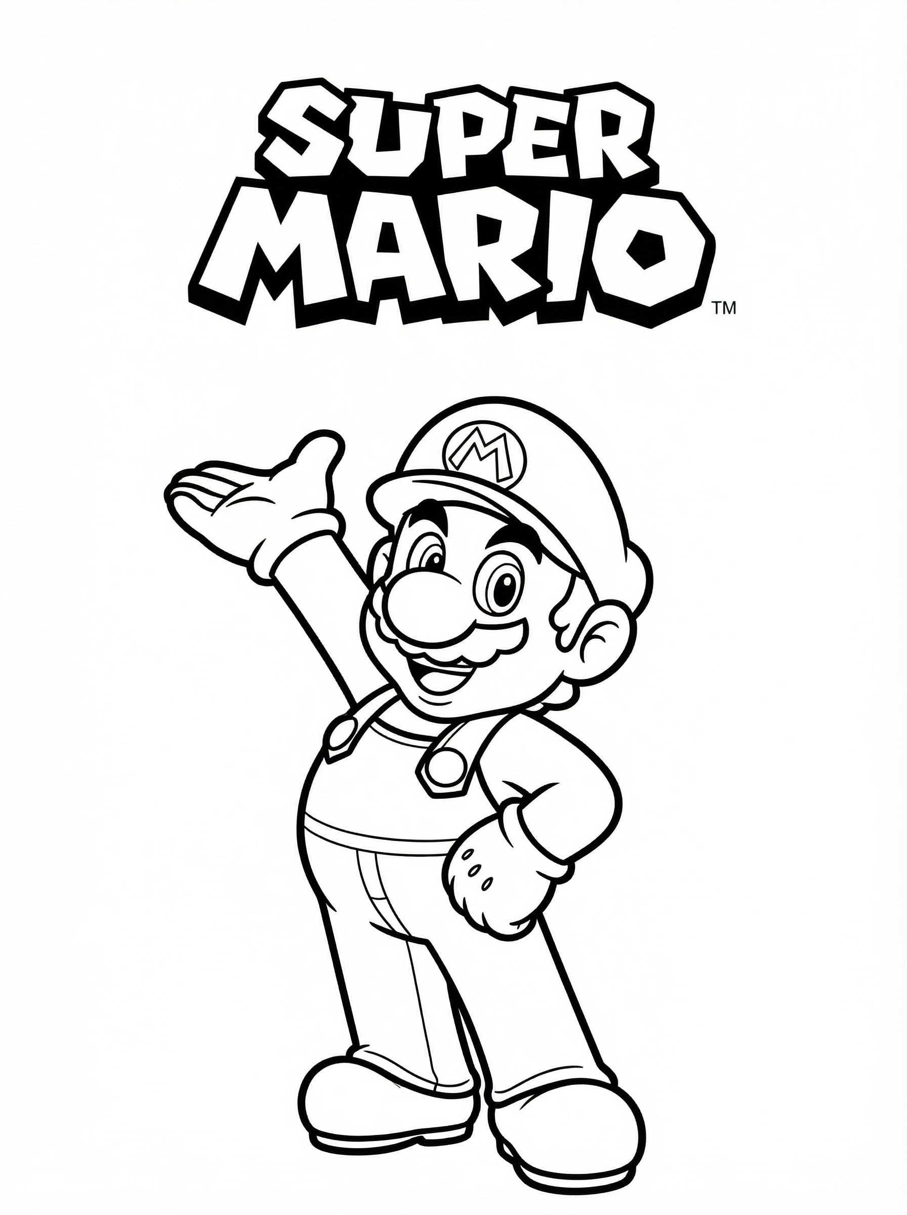 Black and white line drawing of Super Mario waving with his iconic cap, moustache, and overalls, with the Super Mario logo above