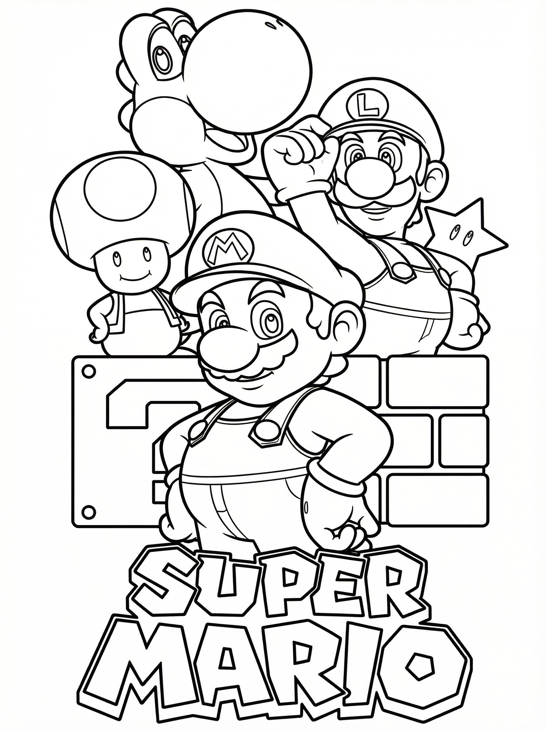 Black and white colouring page featuring Super Mario characters including Mario, Luigi, Yoshi, and Toad with the Super Mario logo and brick wall background