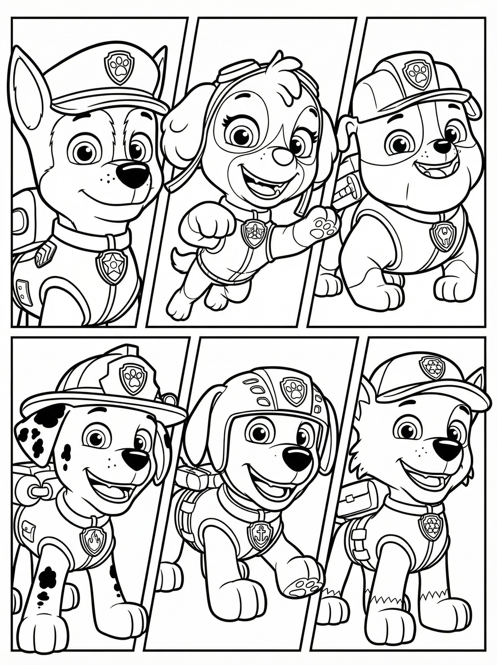 Colouring page showing six Paw Patrol characters in individual panels - Chase, Skye, Marshall, Rubble, Zuma and Rocky wearing their rescue uniforms and badges