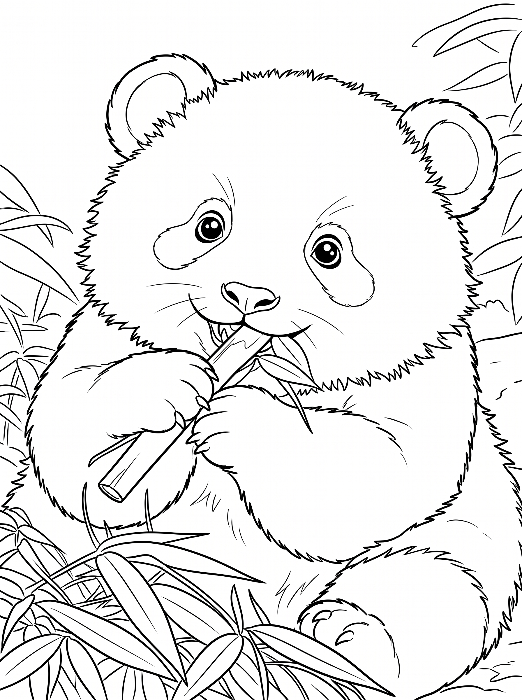 Coloring page of a chubby baby panda cub sitting among bamboo leaves, holding and biting into a bamboo stalk with big expressive eyes