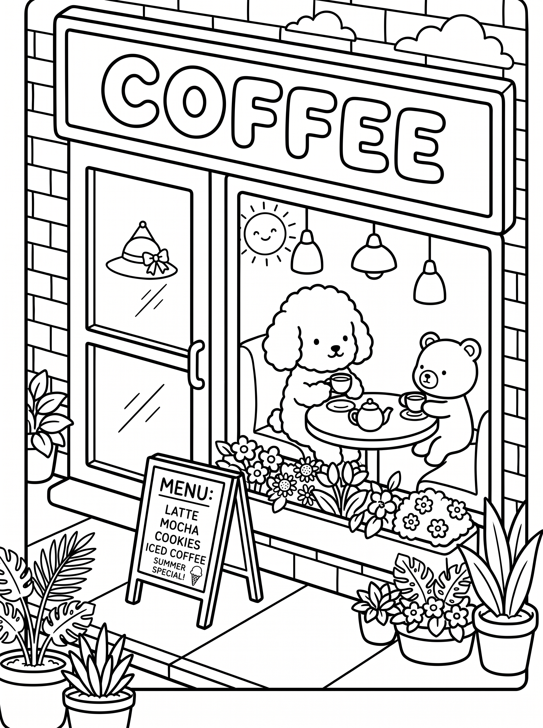 Colouring page of a kawaii poodle and teddy bear sitting at a table having tea inside a coffee shop window, with a coffee sign, menu board, hanging lamps and potted plants outside