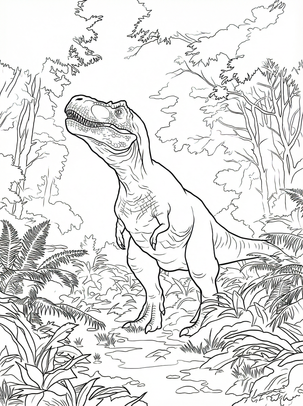 Black and white line drawing of a Tyrannosaurus Rex dinosaur standing in a prehistoric jungle with ferns and trees for colouring