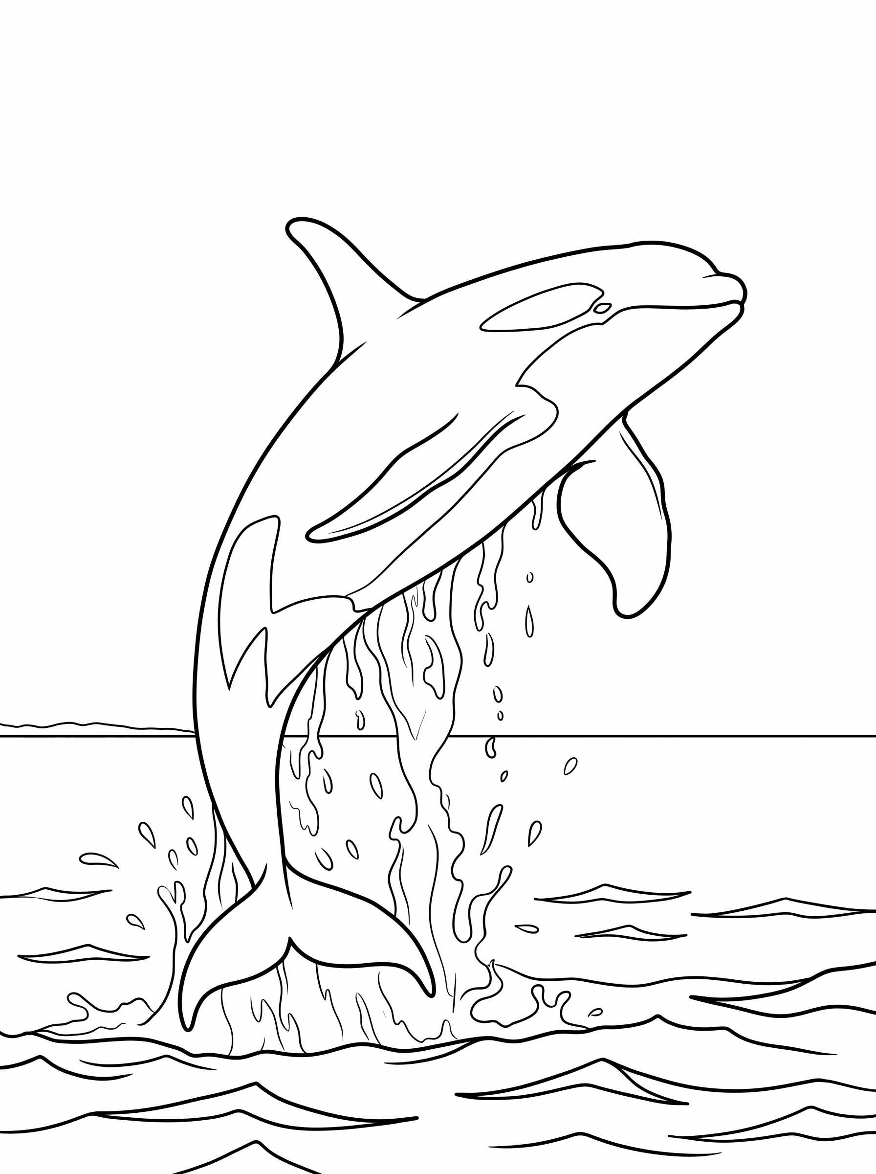 Colouring page of an orca killer whale leaping out of the ocean with water droplets and waves below