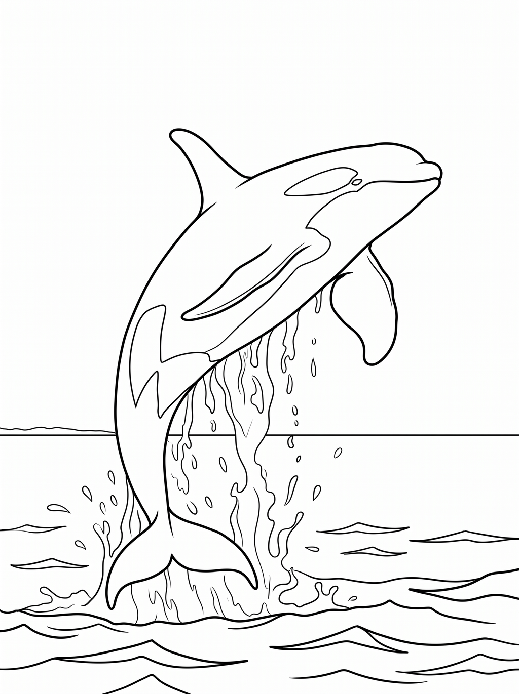Colouring page of an orca killer whale leaping out of the ocean with water droplets and waves below