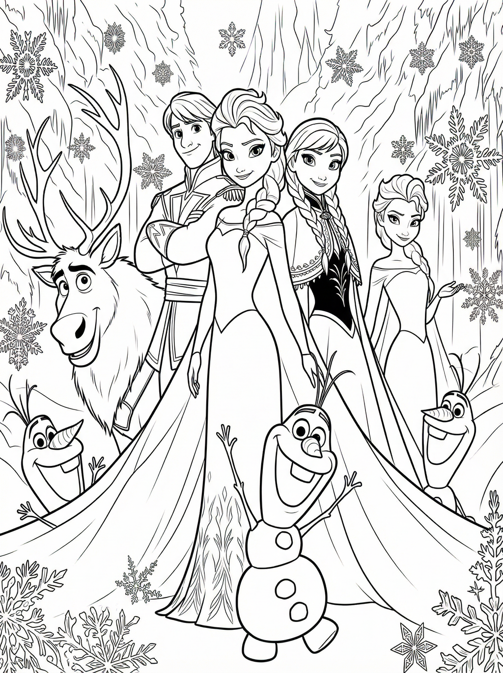 Black and white line drawing colouring page of Frozen characters including Elsa, Anna, Kristoff, Olaf and Sven the reindeer surrounded by snowflakes and icicles in an ice palace setting