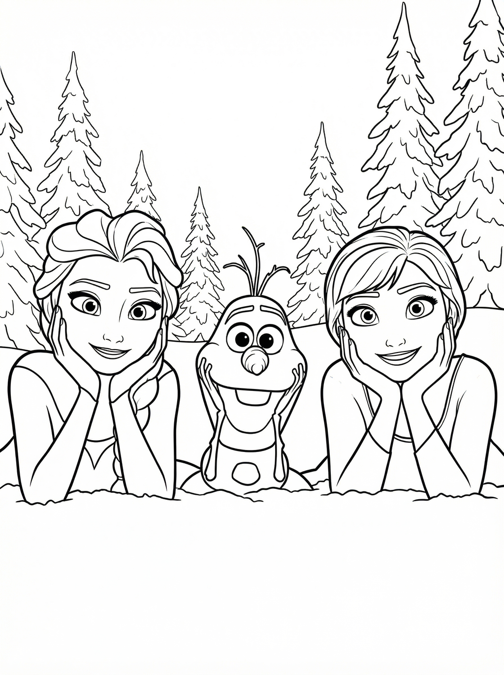 Colouring page showing Elsa, Anna and Olaf from Disney's Frozen lying in snow with pine trees in the background