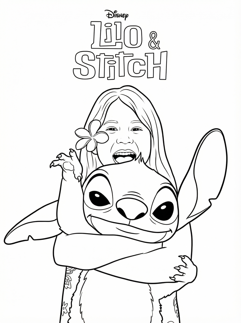 Black and white line drawing colouring page of Lilo hugging Stitch, with Lilo wearing a flower in her hair and both characters smiling happily