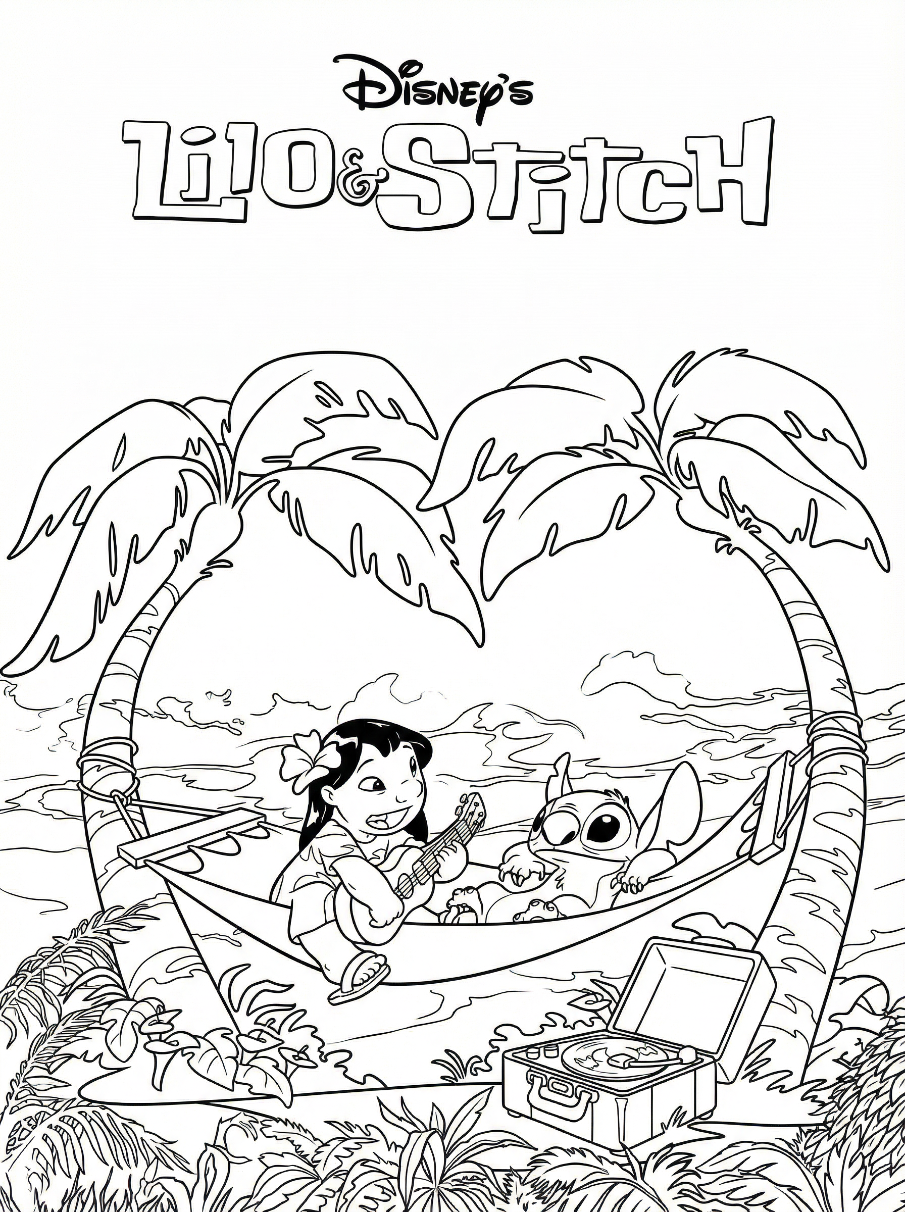 Free Lilo & Stitch Printable Colouring Page - Hammock Ukulele Serenade