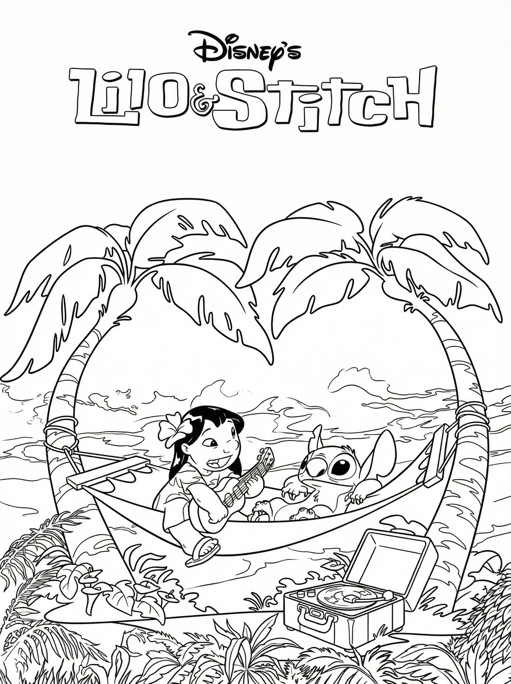 Black and white line drawing of Lilo playing ukulele and Stitch relaxing together in a hammock between palm trees with a treasure chest nearby