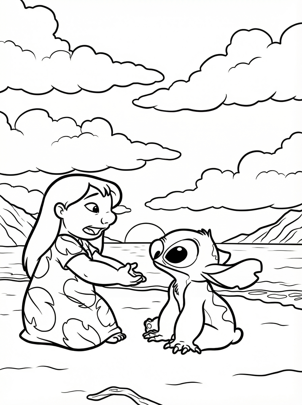 Colouring page showing Lilo sitting with Stitch the alien on a beach with clouds and mountains in the background