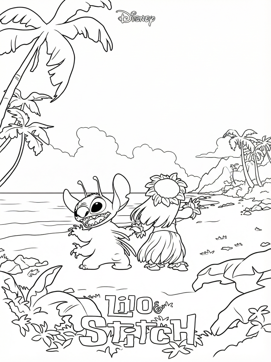Black and white line drawing of Stitch and Lilo on a Hawaiian beach with palm trees, clouds, and the Lilo & Stitch logo at the bottom