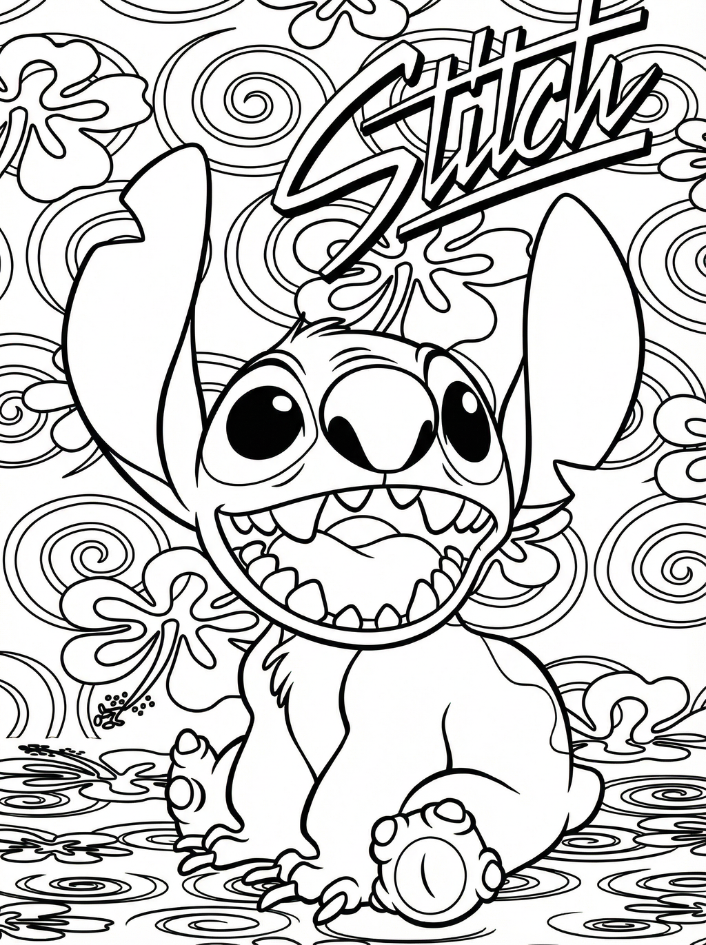 Black and white line drawing colouring page of Stitch from Disney's Lilo & Stitch, showing the character with his signature big ears, wide smile, and playful expression surrounded by Hawaiian-themed decorative patterns including swirls and tropical flowers