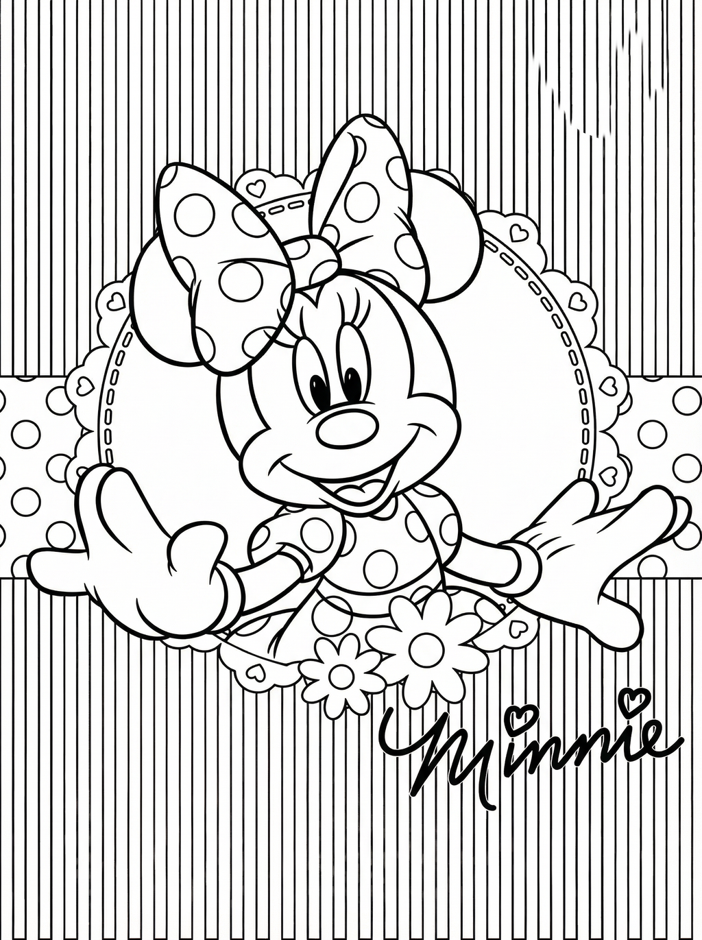 Black and white line drawing of Minnie Mouse smiling and waving, wearing her signature polka dot bow and dress with flowers, surrounded by decorative hearts and patterns