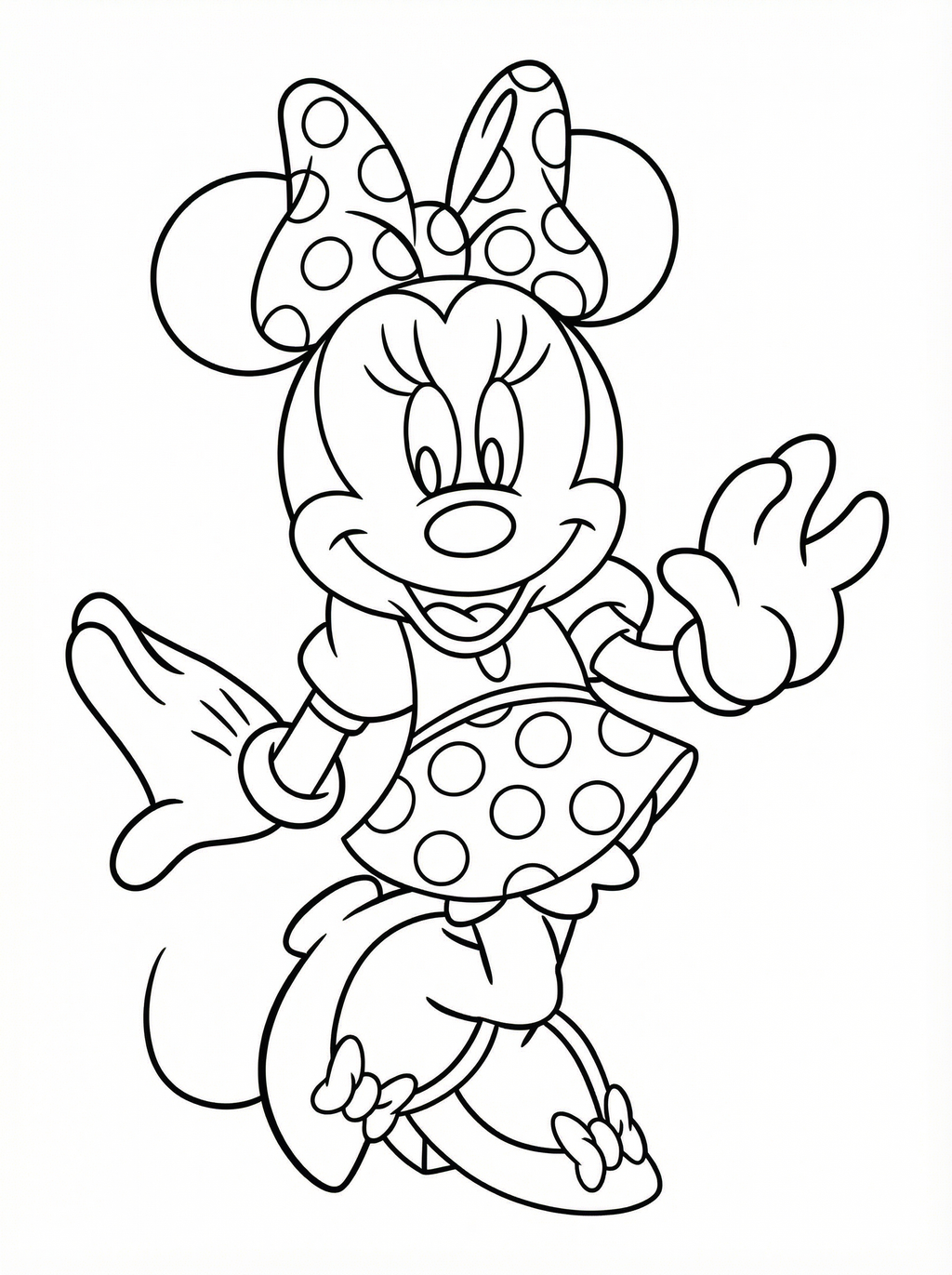 Black and white line drawing of Minnie Mouse waving, wearing her signature polka dot dress and bow, suitable for colouring
