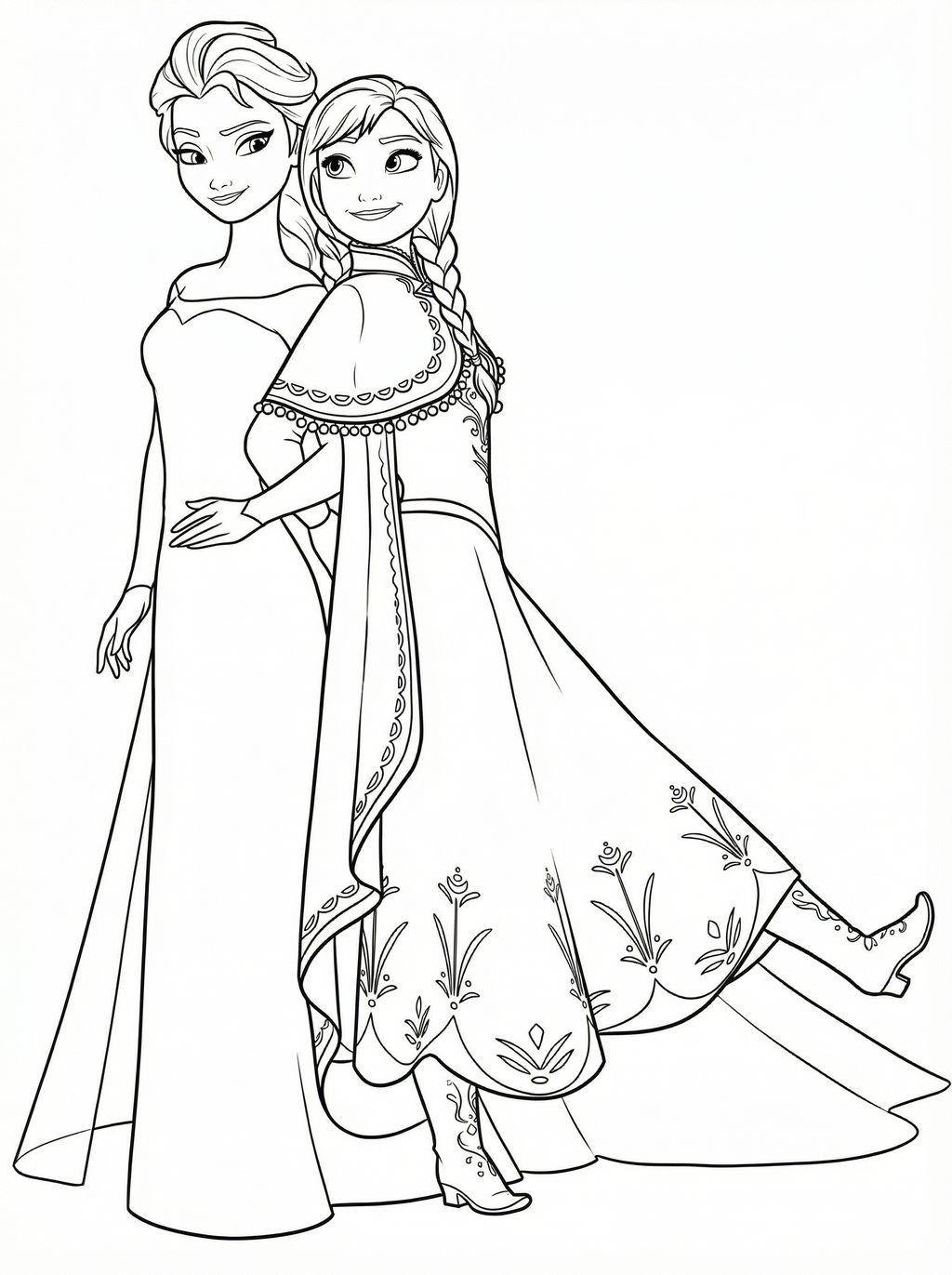 Black and white line drawing of Elsa and Anna from Disney's Frozen standing together, with Elsa in her ice dress and Anna in her ornate gown with floral patterns