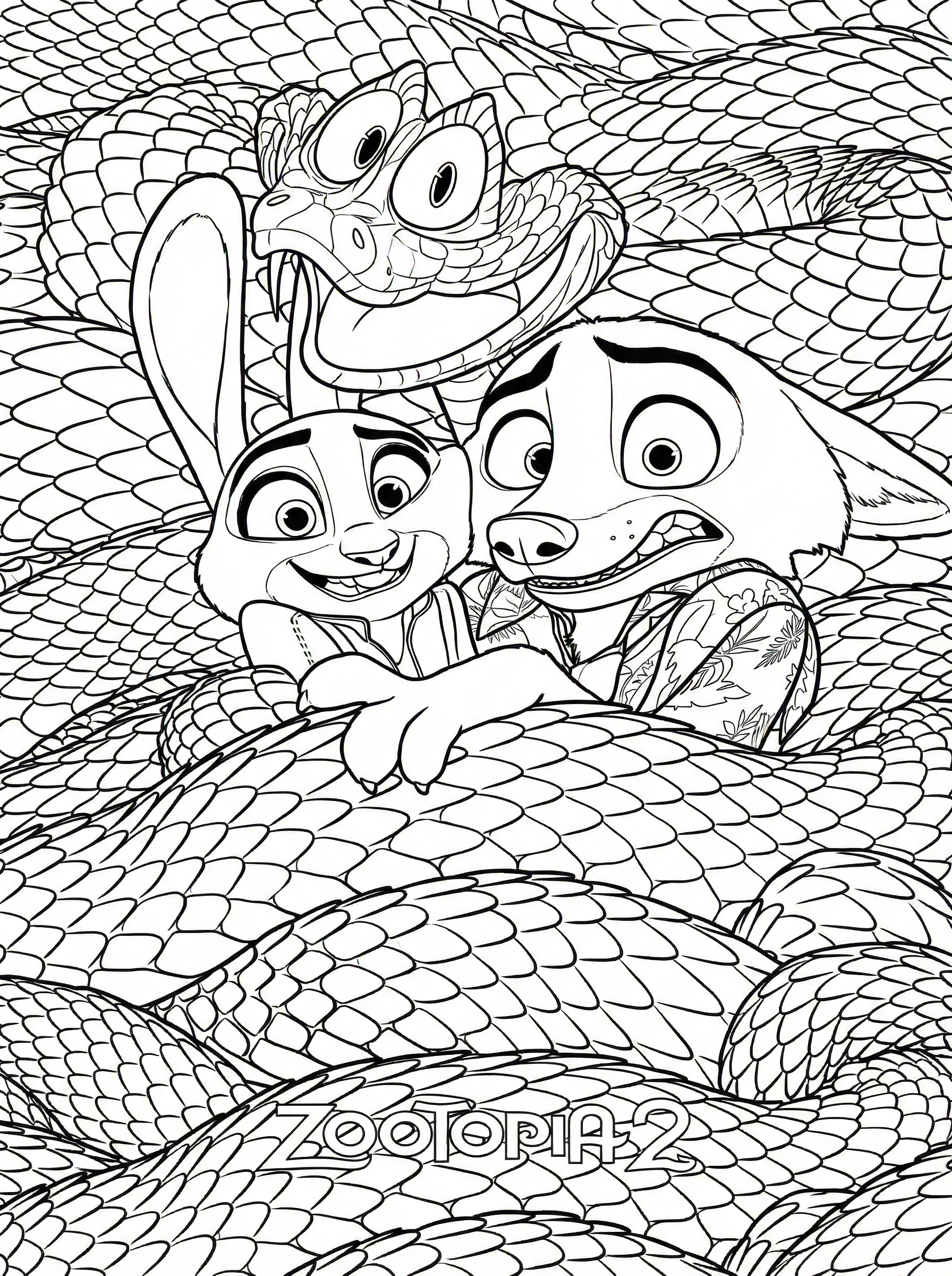 Black and white line drawing colouring page showing Judy Hopps the rabbit and Nick Wilde the fox from Zootopia 2 riding on a friendly dragon with detailed scales