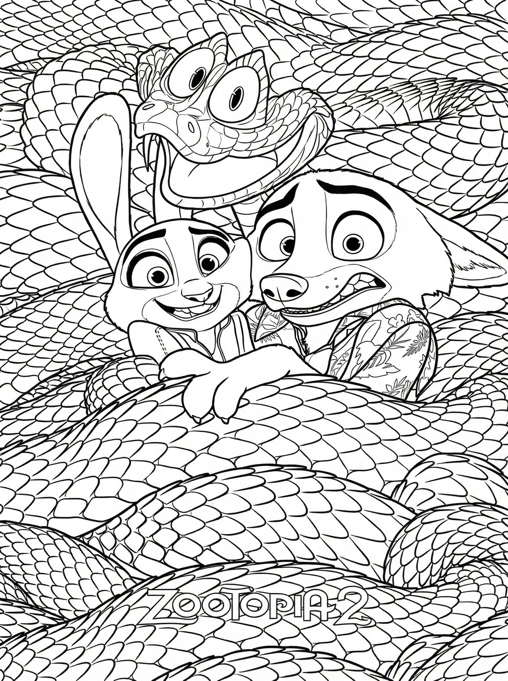 Black and white line drawing colouring page showing Judy Hopps the rabbit and Nick Wilde the fox from Zootopia 2 riding on a friendly dragon with detailed scales