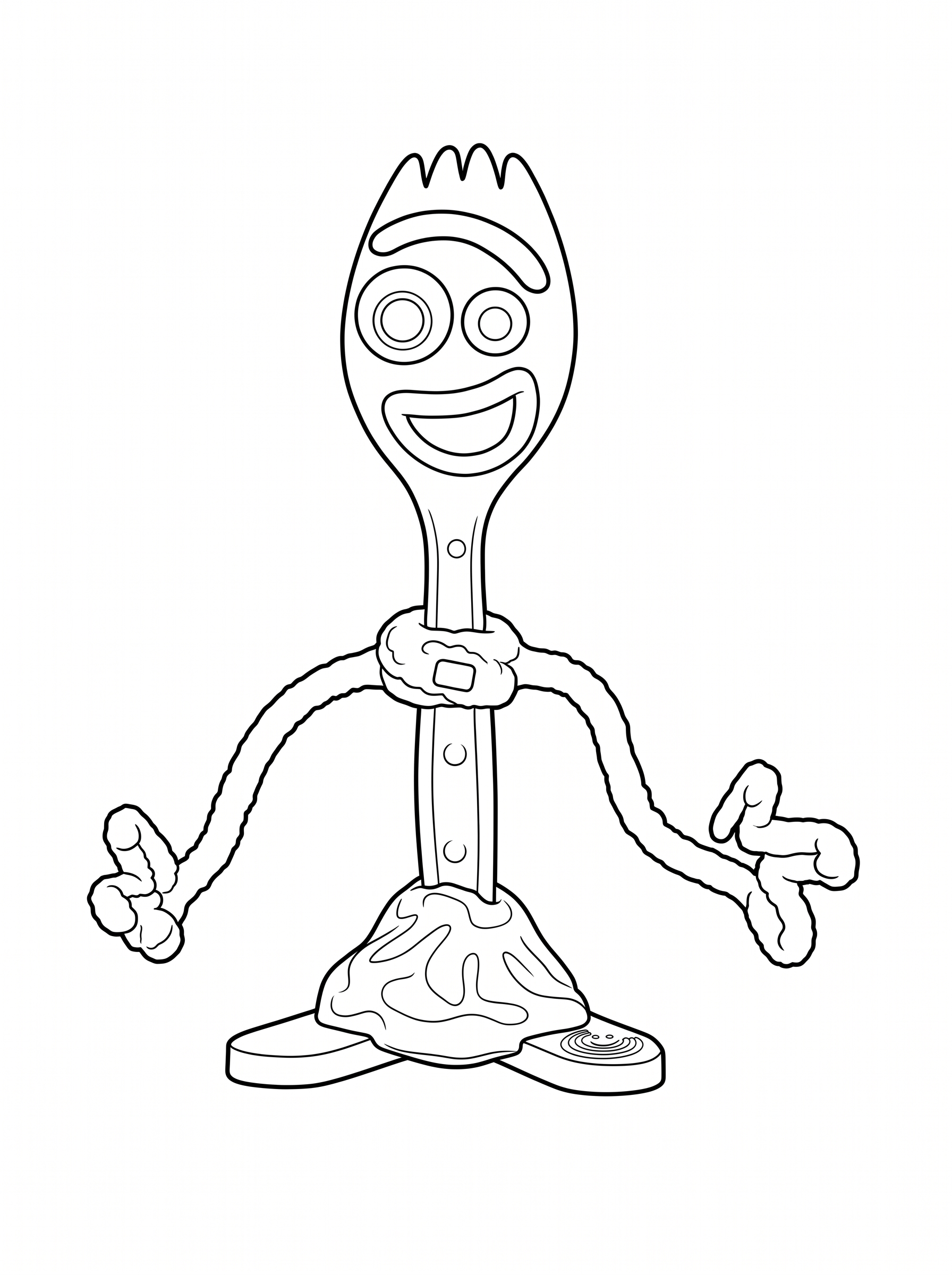 Colouring page of Forky from Toy Story, a spork character with googly eyes, pipe cleaner arms and legs, and clay feet, standing with arms spread wide
