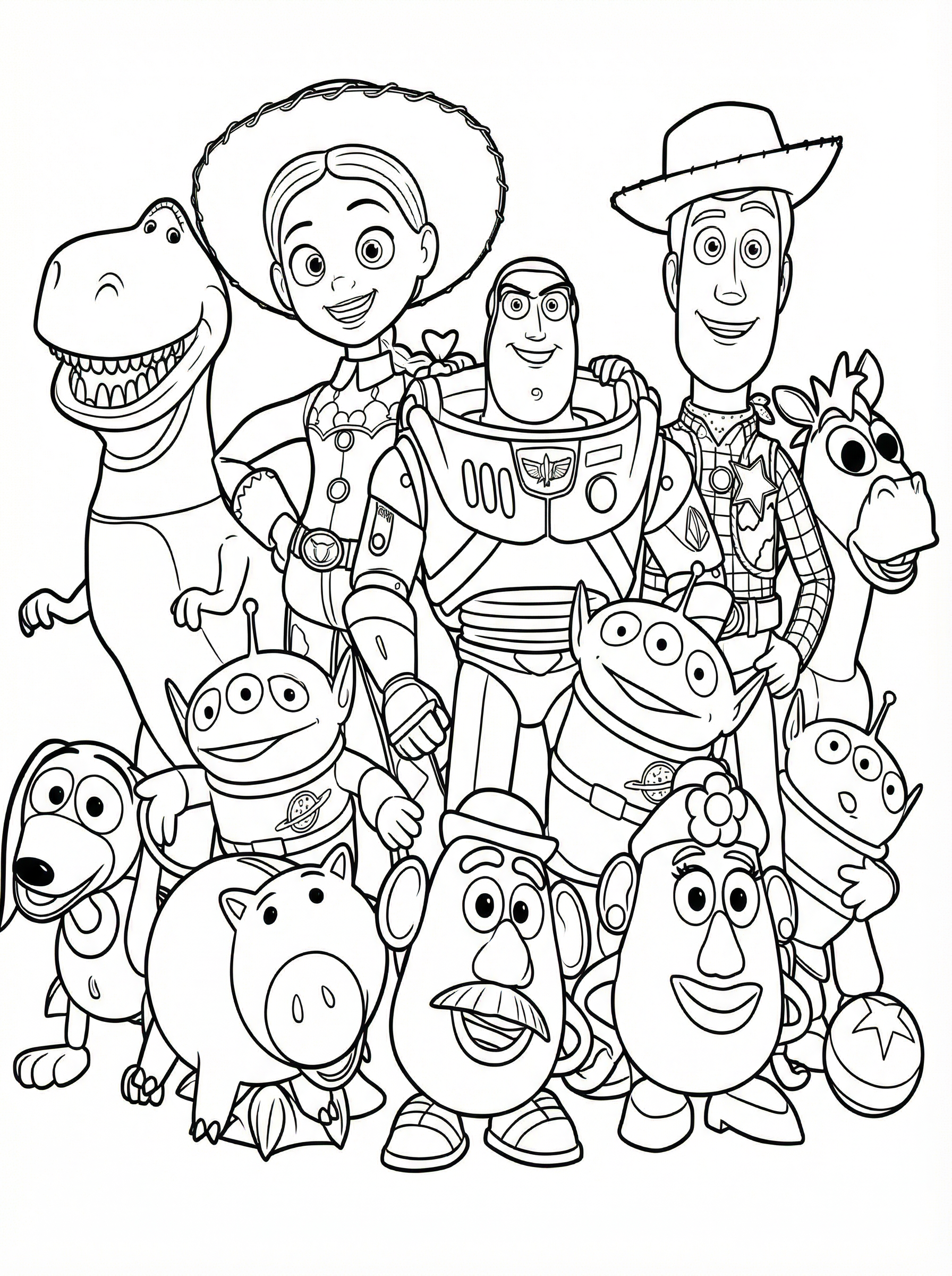 Free Toy Story Printable Colouring Page - Full Group Portrait with Aliens and Rex