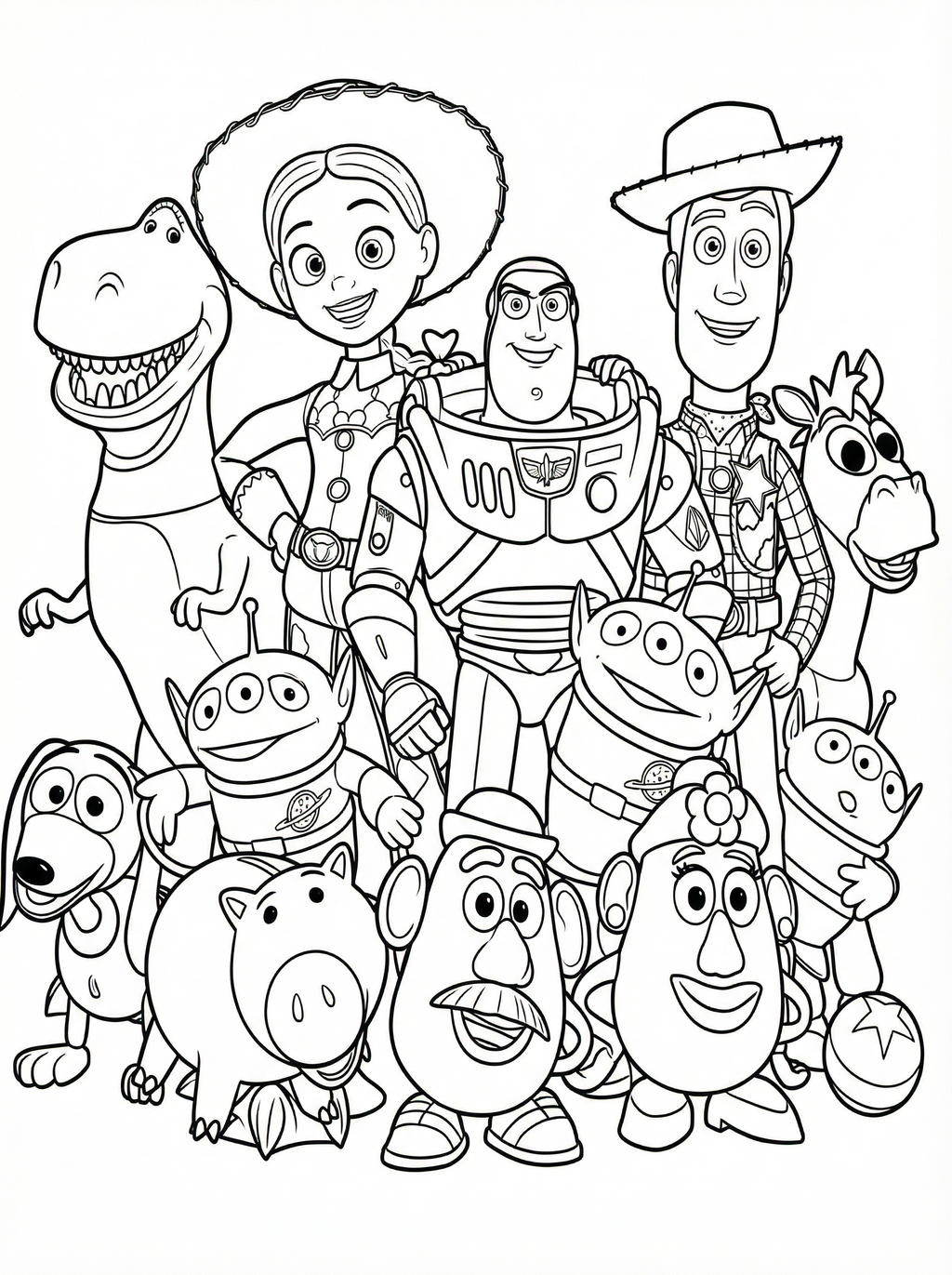 Black and white line drawing colouring page featuring Toy Story characters including Woody, Buzz Lightyear, Jessie, Rex the dinosaur, Hamm the piggy bank, Slinky Dog, Bullseye the horse, and the three-eyed aliens grouped together
