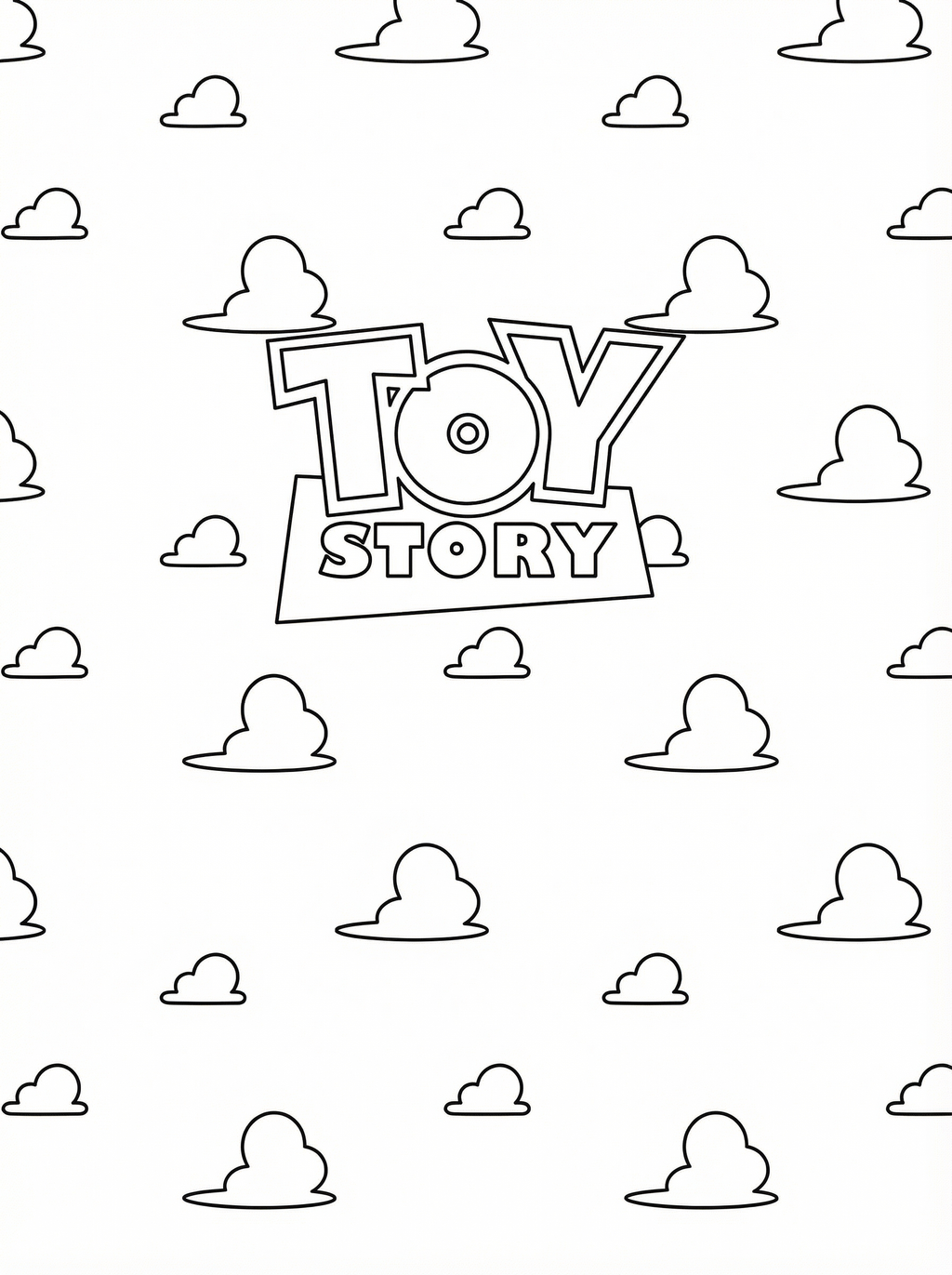 Toy Story logo colouring page with clouds scattered across the background, outlined in black and white for children to colour