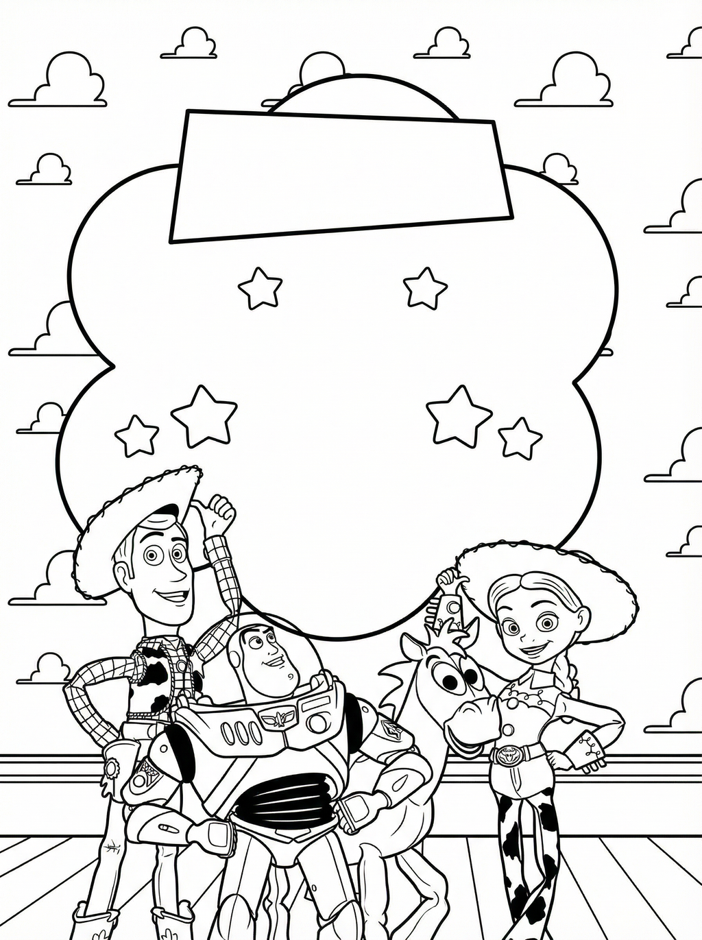 Colouring page showing Toy Story characters Woody, Buzz Lightyear, Jessie and Bullseye standing together with a large star-decorated bag behind them and clouds in the background