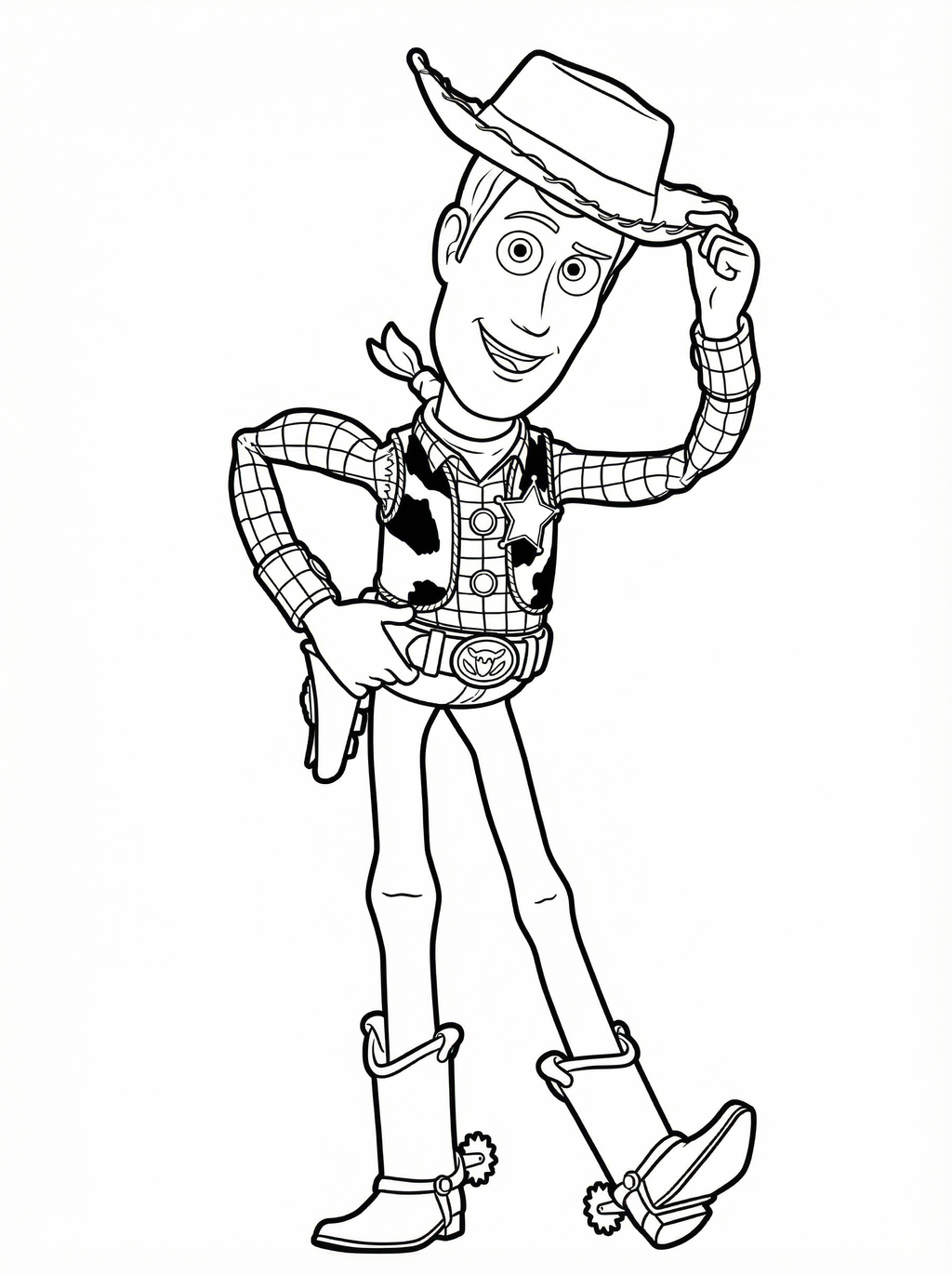 Black and white line drawing of Woody the cowboy from Toy Story, wearing his signature hat, checkered shirt, cow-print vest, and boots, tipping his hat with a friendly smile