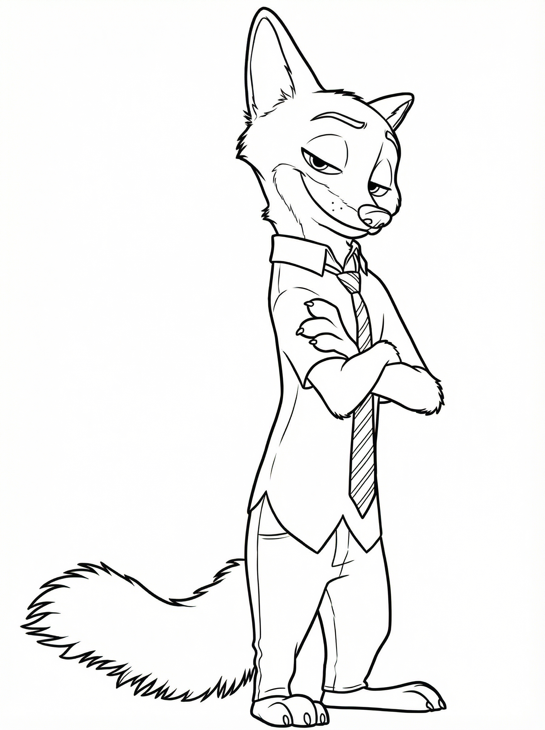 Line drawing colouring page of Nick Wilde, the fox character from Disney's Zootopia, wearing a shirt and striped tie with arms crossed and a confident expression