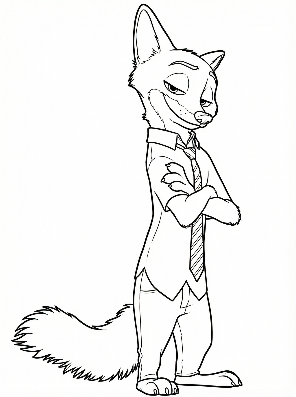 Line drawing colouring page of Nick Wilde, the fox character from Disney's Zootopia, wearing a shirt and striped tie with arms crossed and a confident expression