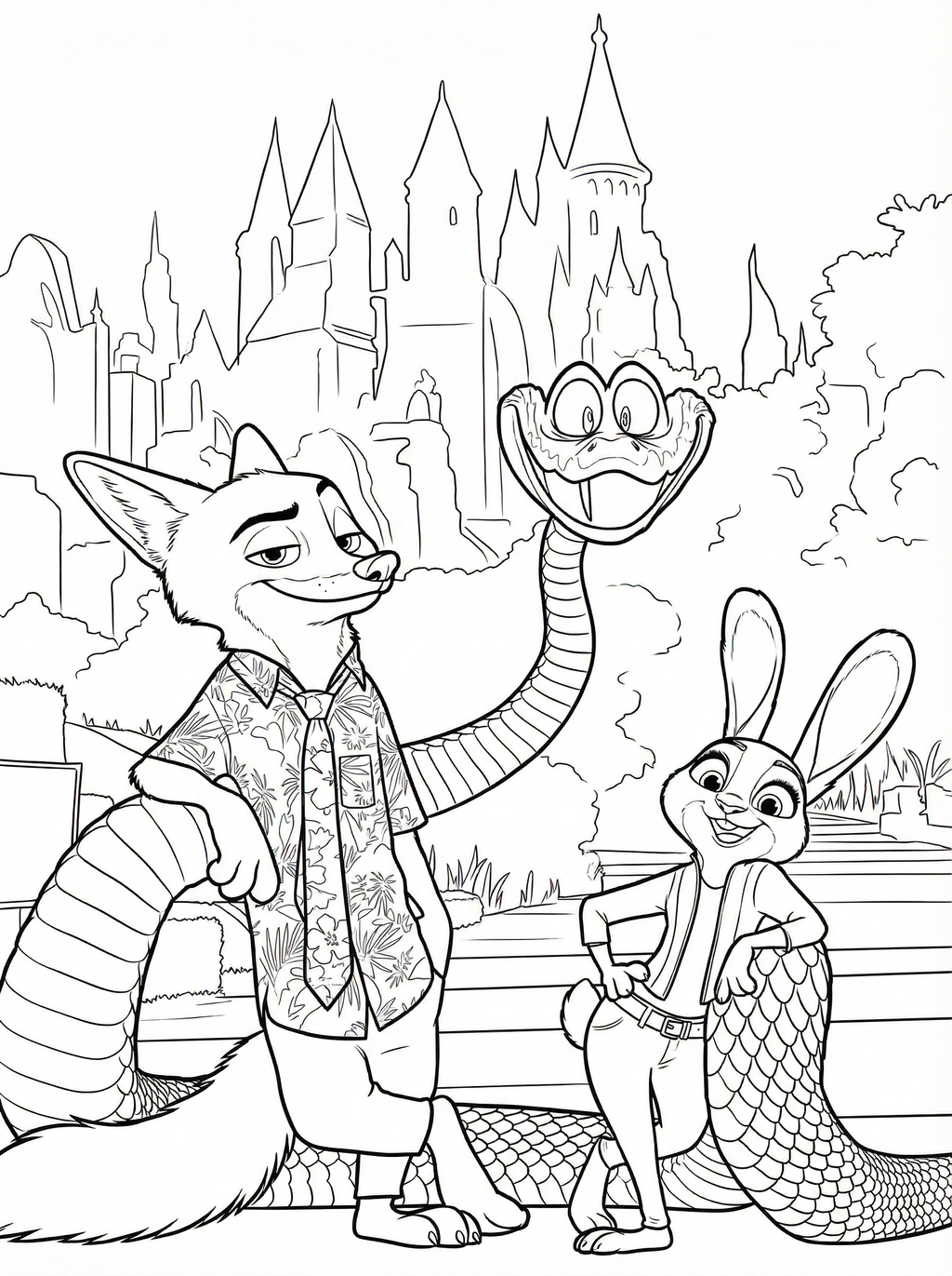 Colouring page showing Nick Wilde the fox in a Hawaiian shirt, Judy Hopps the rabbit police officer, and Gary the snake with a castle in the background from Zootopia 2