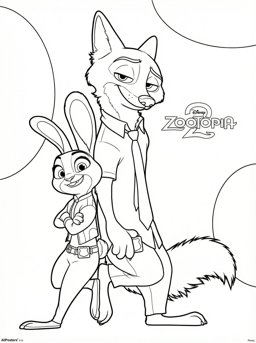 Black and white line drawing colouring page of Judy Hopps the rabbit police officer and Nick Wilde the fox from Disney's Zootopia standing together