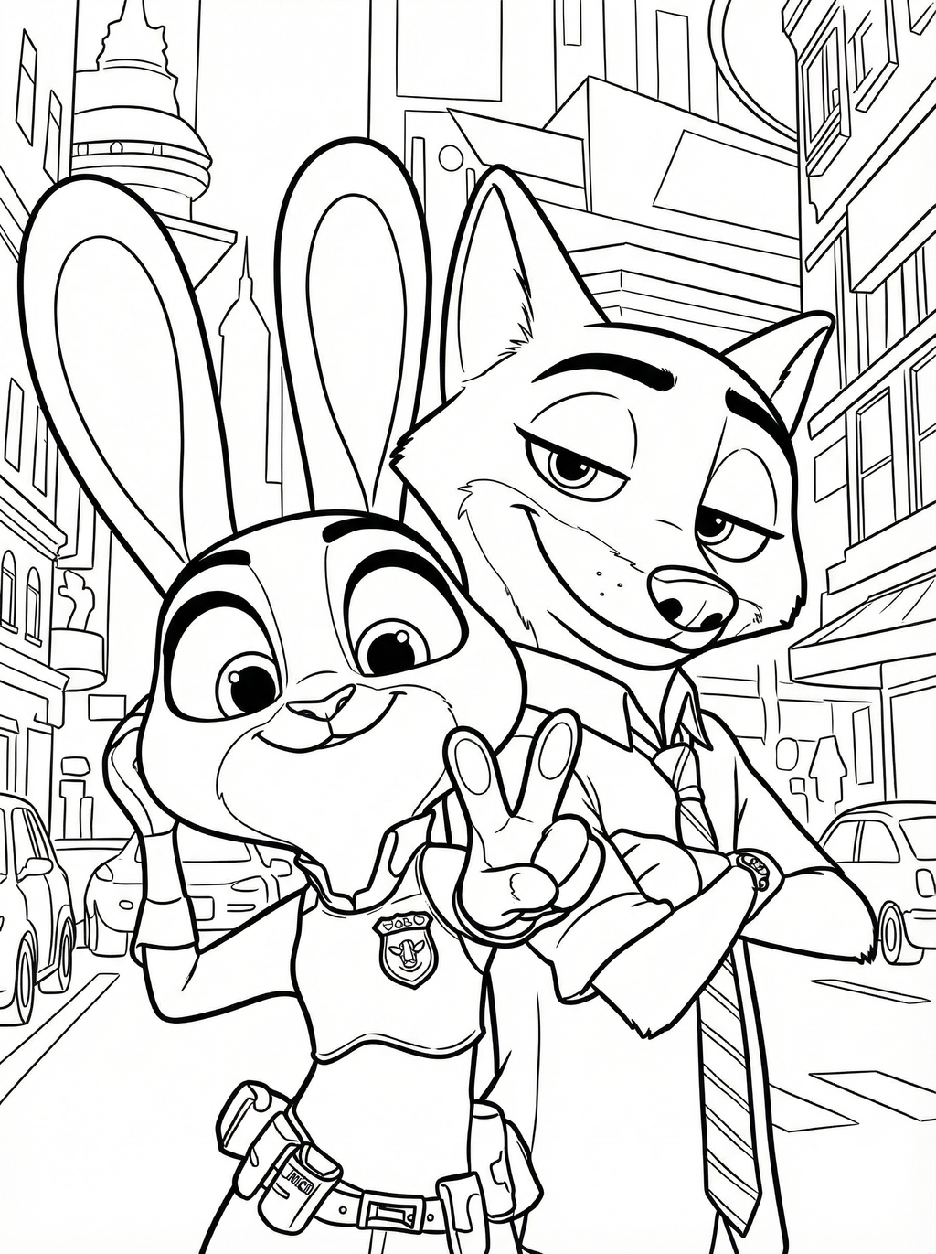 Black and white line drawing of Judy Hopps the rabbit police officer and Nick Wilde the fox from Disney's Zootopia standing together in the city