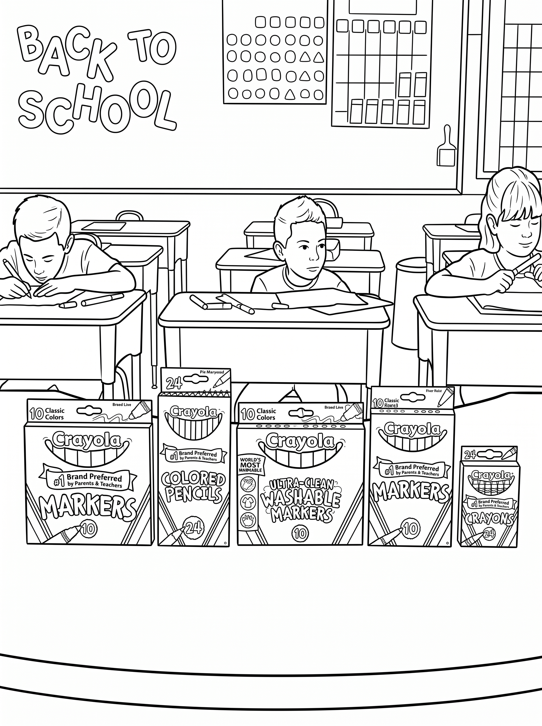 Colouring page showing three children writing at classroom desks under a Back to School banner, with rows of Crayola marker, coloured pencil and crayon boxes lined up along the bottom