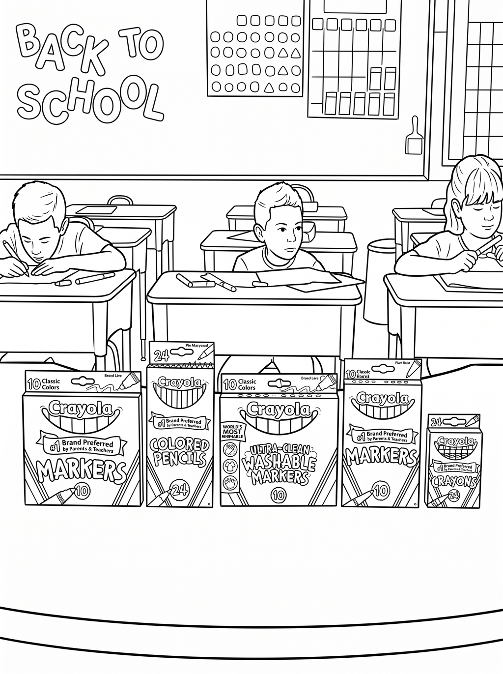 Colouring page showing three children writing at classroom desks under a Back to School banner, with rows of Crayola marker, coloured pencil and crayon boxes lined up along the bottom