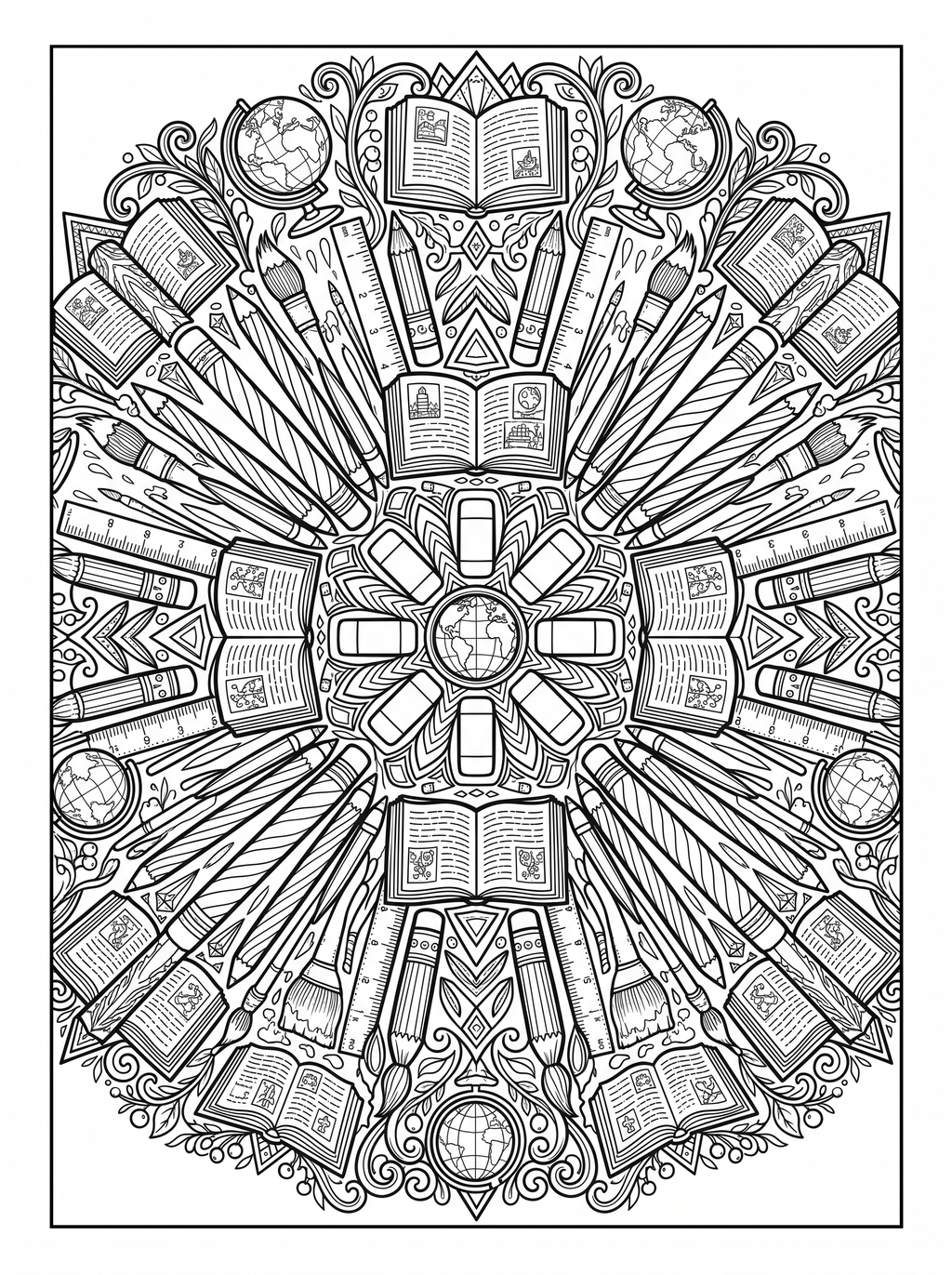 Intricate symmetrical mandala colouring page made up of school supplies including open books, globes, pencils, rulers, paintbrushes and erasers arranged in a radial kaleidoscope pattern