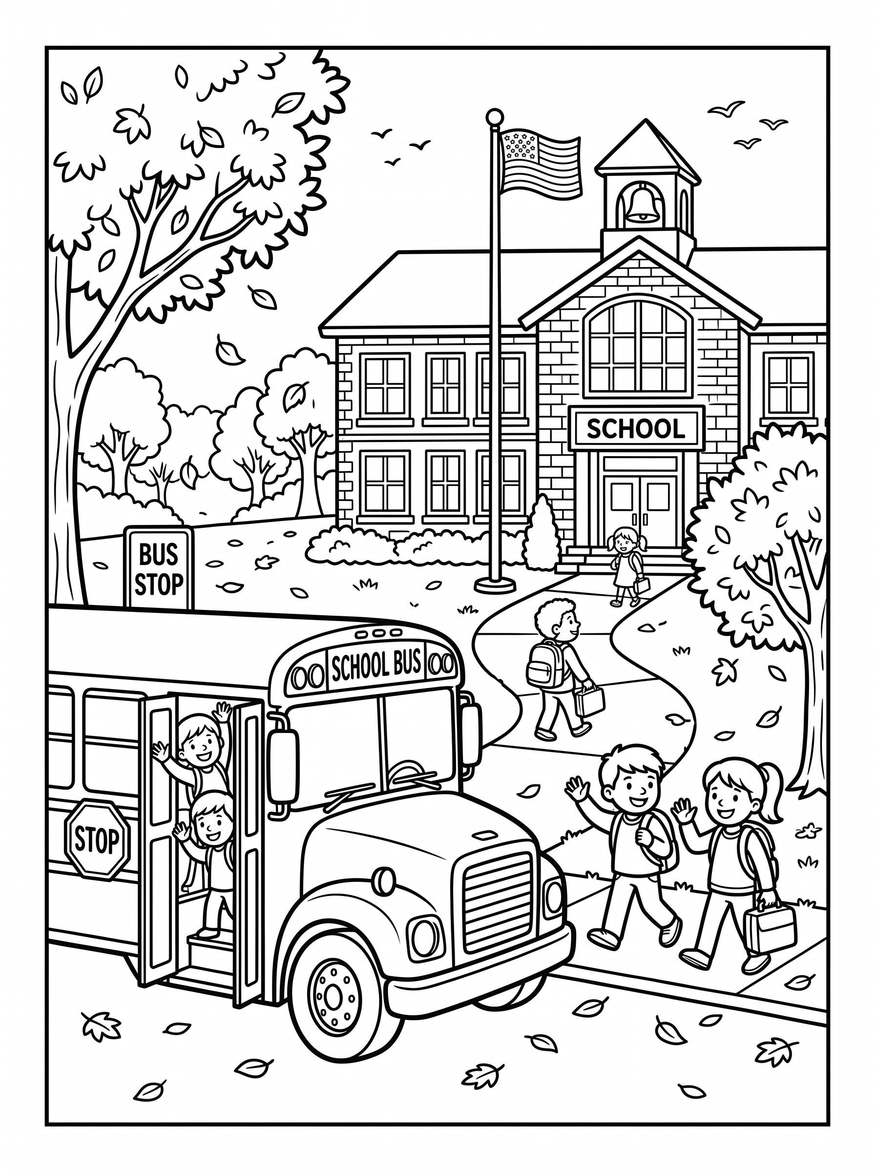Black and white colouring page showing a school bus parked outside a schoolhouse with children waving, carrying backpacks and walking to school as autumn leaves fall