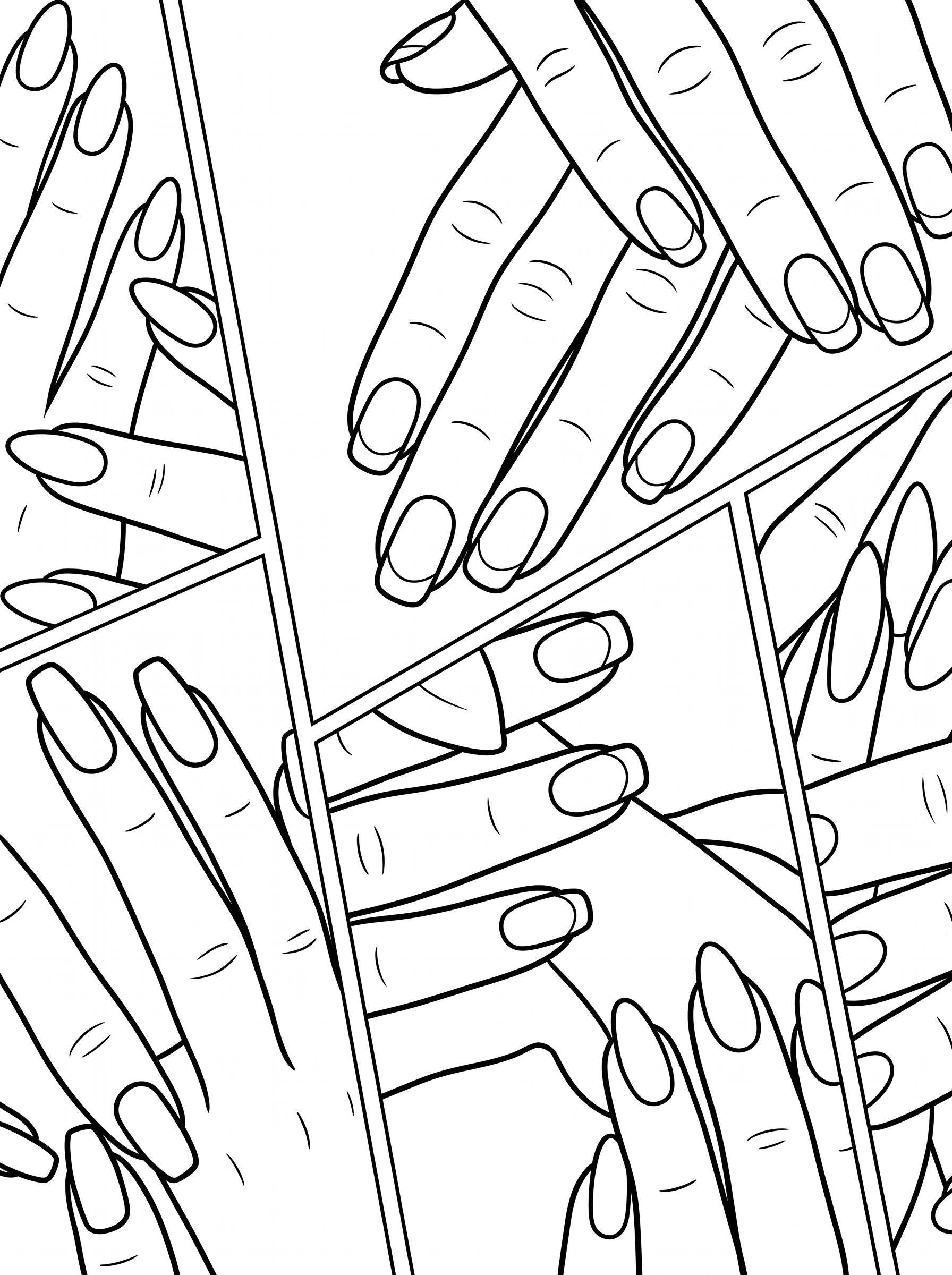 Colouring page showing multiple hands with long manicured almond shaped nails arranged in a photo collage style layout