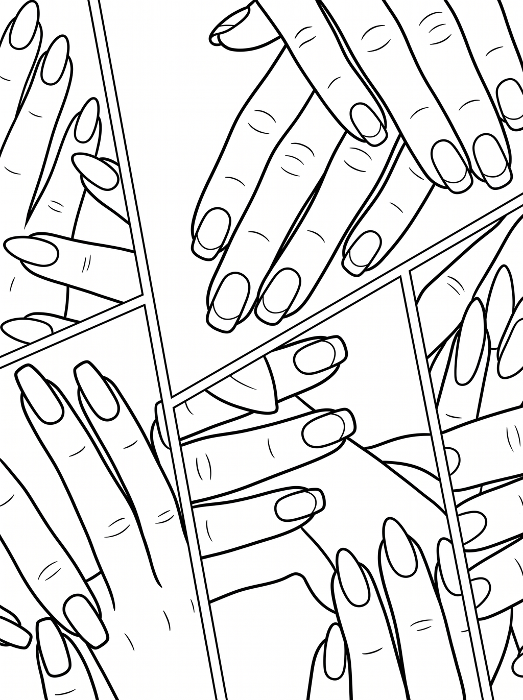 Colouring page showing multiple hands with long manicured almond shaped nails arranged in a photo collage style layout