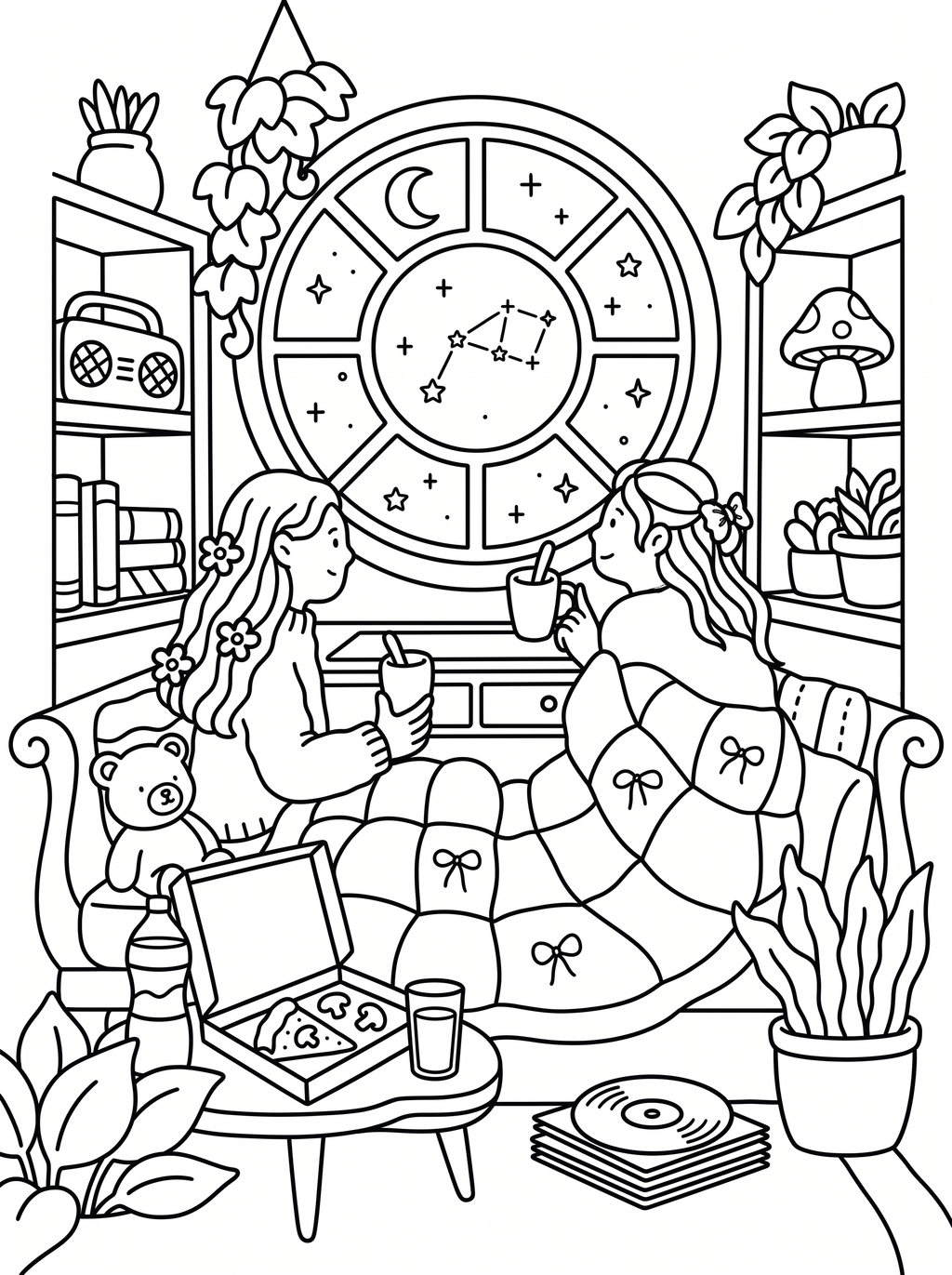 Colouring page of two girls sitting on a sofa wrapped in a bow-patterned quilt, drinking from mugs and sharing a pizza box, in front of a round starry constellation window with bookshelves, plants and a teddy bear nearby