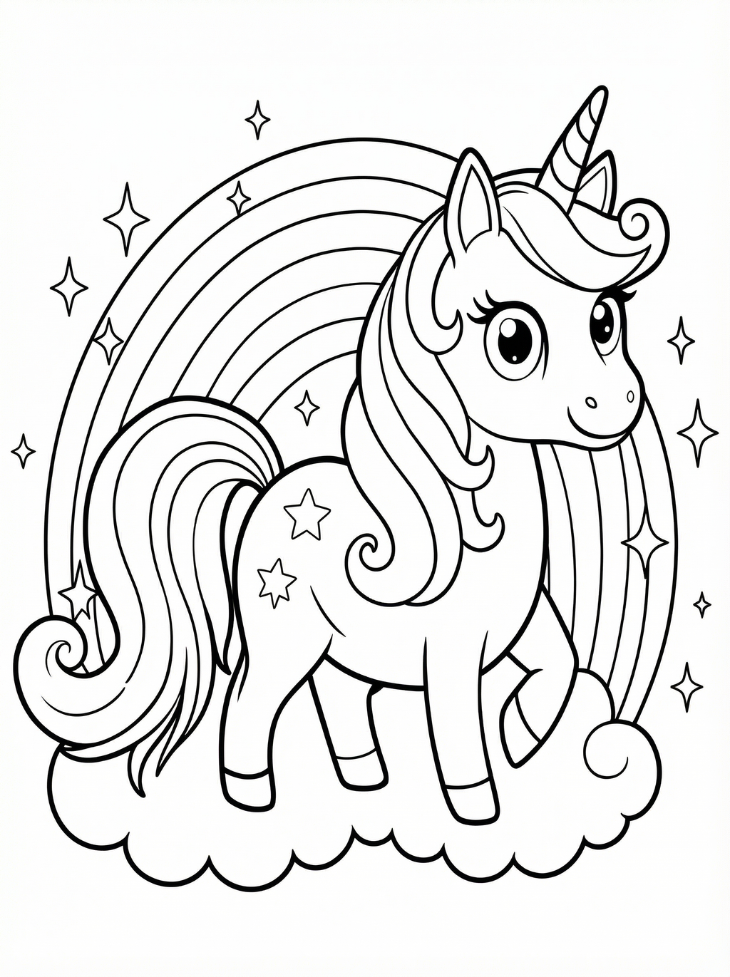 Colouring page featuring a cute unicorn with flowing mane standing on clouds with a rainbow in the background and sparkles