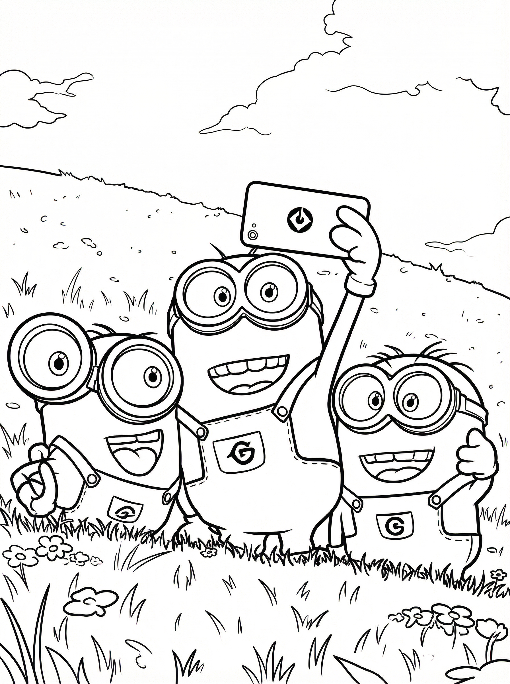 Free Minions Printable Colouring Page - Group Selfie in the Meadow
