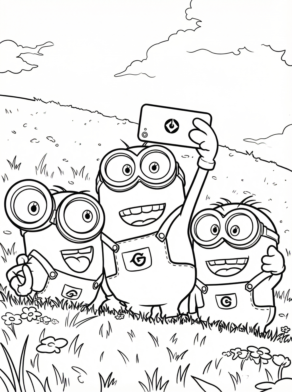 Three Minions from Despicable Me standing in grass taking a selfie, surrounded by flowers and clouds, black and white colouring page