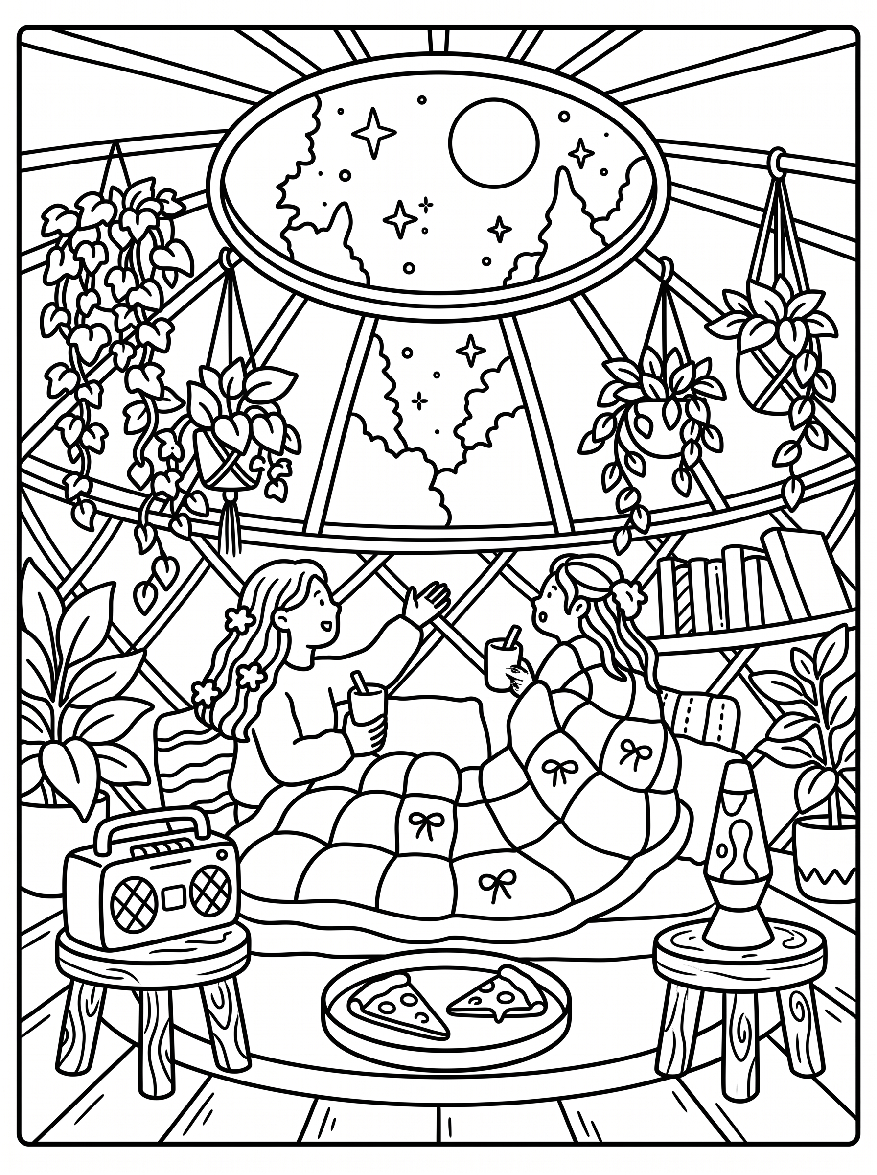 Colouring page of two girls wrapped in a quilted blanket sharing drinks and pizza inside a dome tent with a starry night sky skylight, hanging plants, a boombox, lava lamp and bookshelf
