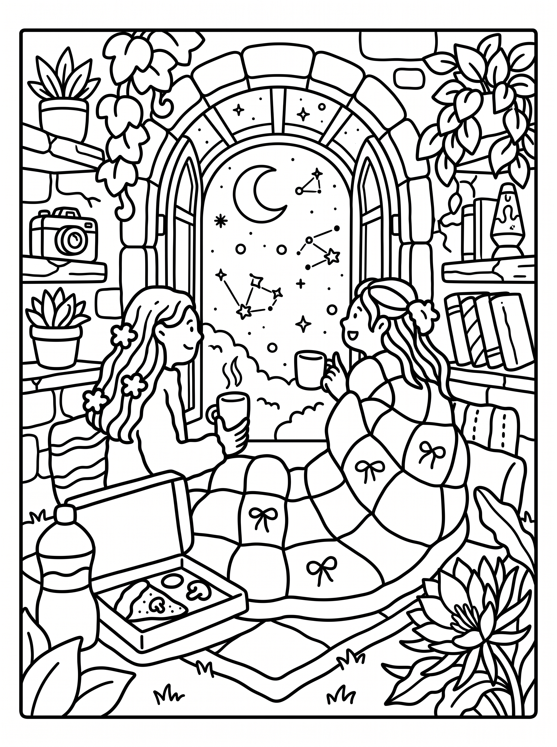Colouring page showing two girls wrapped in a bow patterned blanket drinking hot cocoa and eating pizza while looking through a large arched window at a crescent moon and star constellations, surrounded by bookshelves, plants and a lava lamp