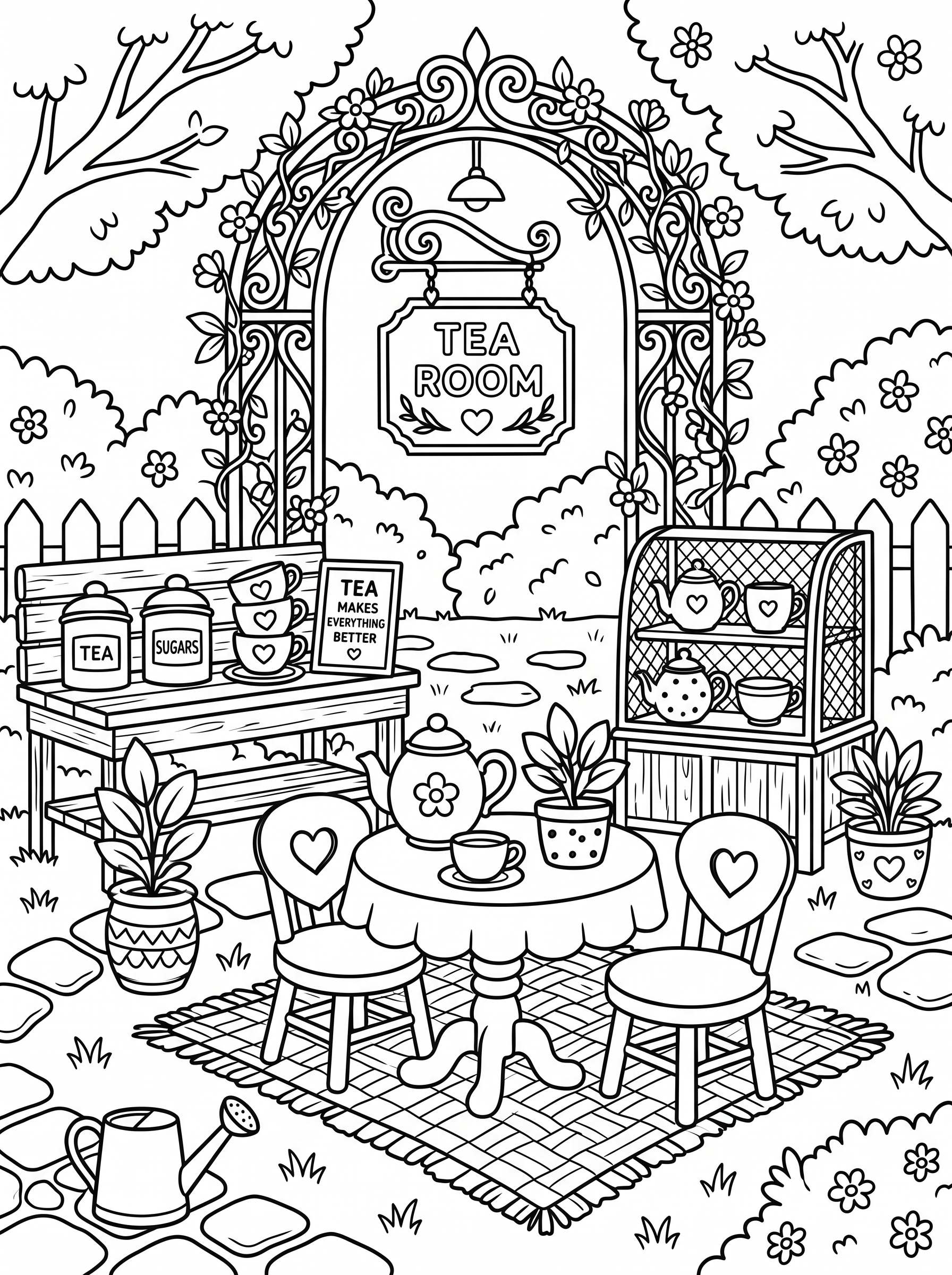 Colouring page of a garden tea room with an ornate ironwork arch and hanging sign, a small round table set with a teapot and cups, two heart-back chairs, a wooden bench with tea and sugar jars, a cabinet displaying teapots and mugs, potted plants and a watering can