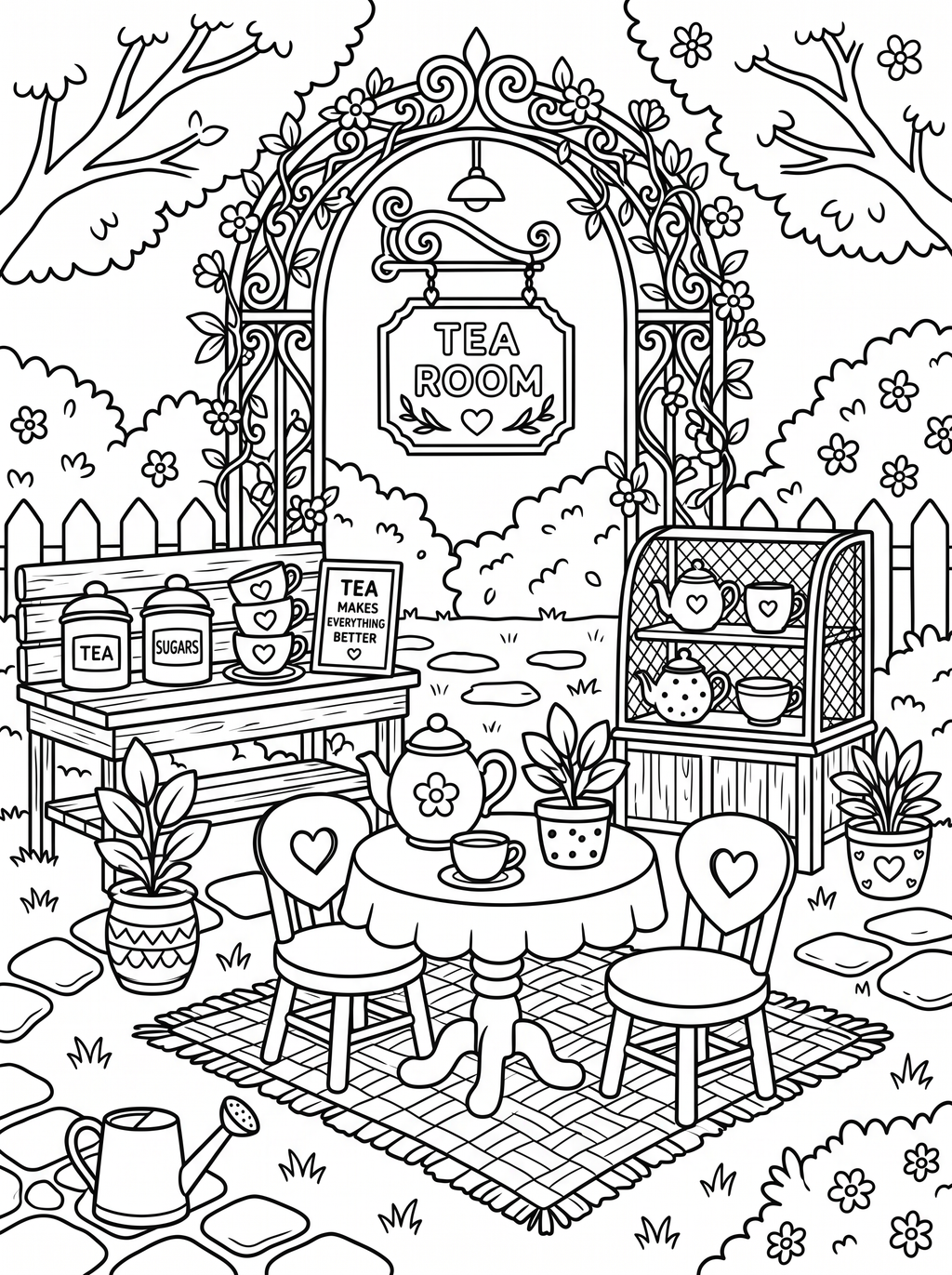 Colouring page of a garden tea room with an ornate ironwork arch and hanging sign, a small round table set with a teapot and cups, two heart-back chairs, a wooden bench with tea and sugar jars, a cabinet displaying teapots and mugs, potted plants and a watering can