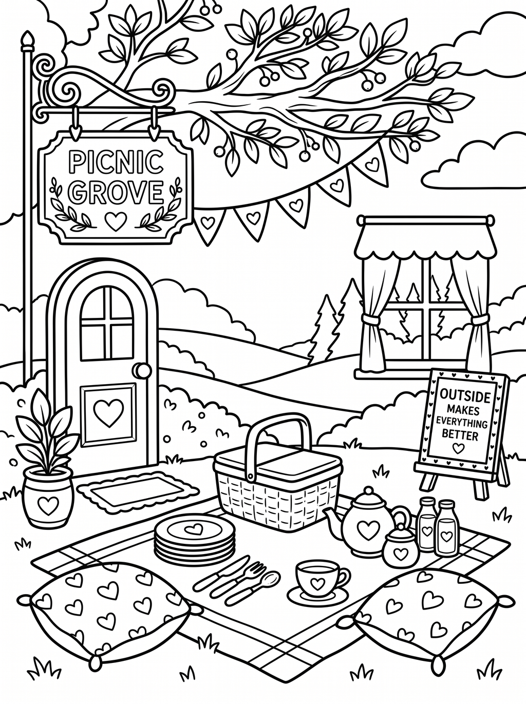 Colouring page showing a cottage door with heart detail, a hanging Picnic Grove sign under a leafy branch with bunting, a shop window with curtains, an easel reading Outside Makes Everything Better, and a picnic blanket set with a wicker basket, teapot, teacups, plates, cutlery and heart-patterned cushions