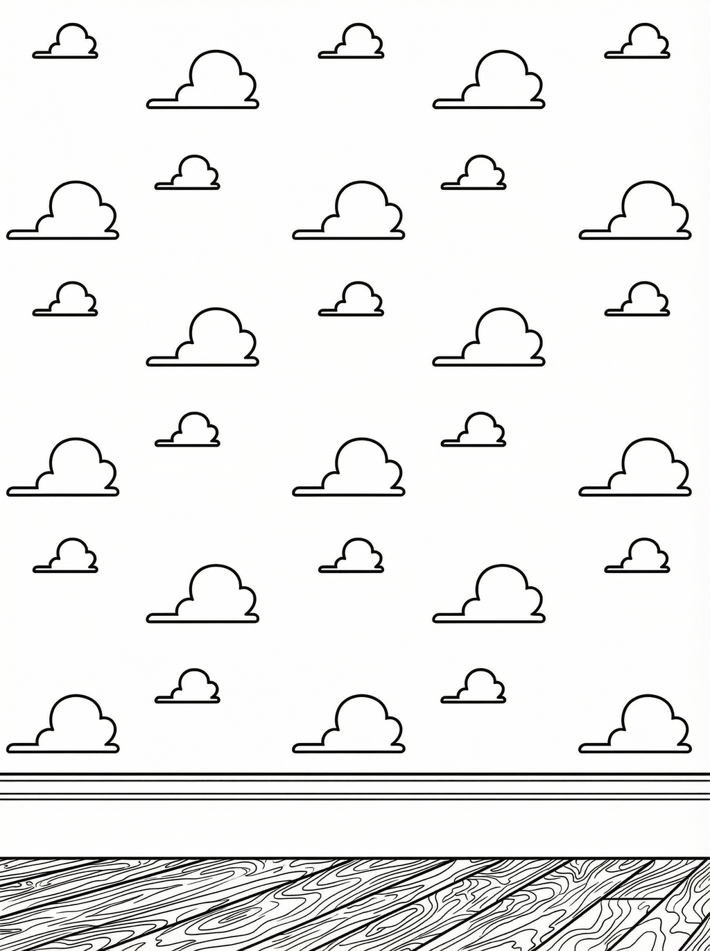 Colouring page featuring multiple fluffy clouds scattered across the sky with a decorative wood grain or wave pattern at the bottom